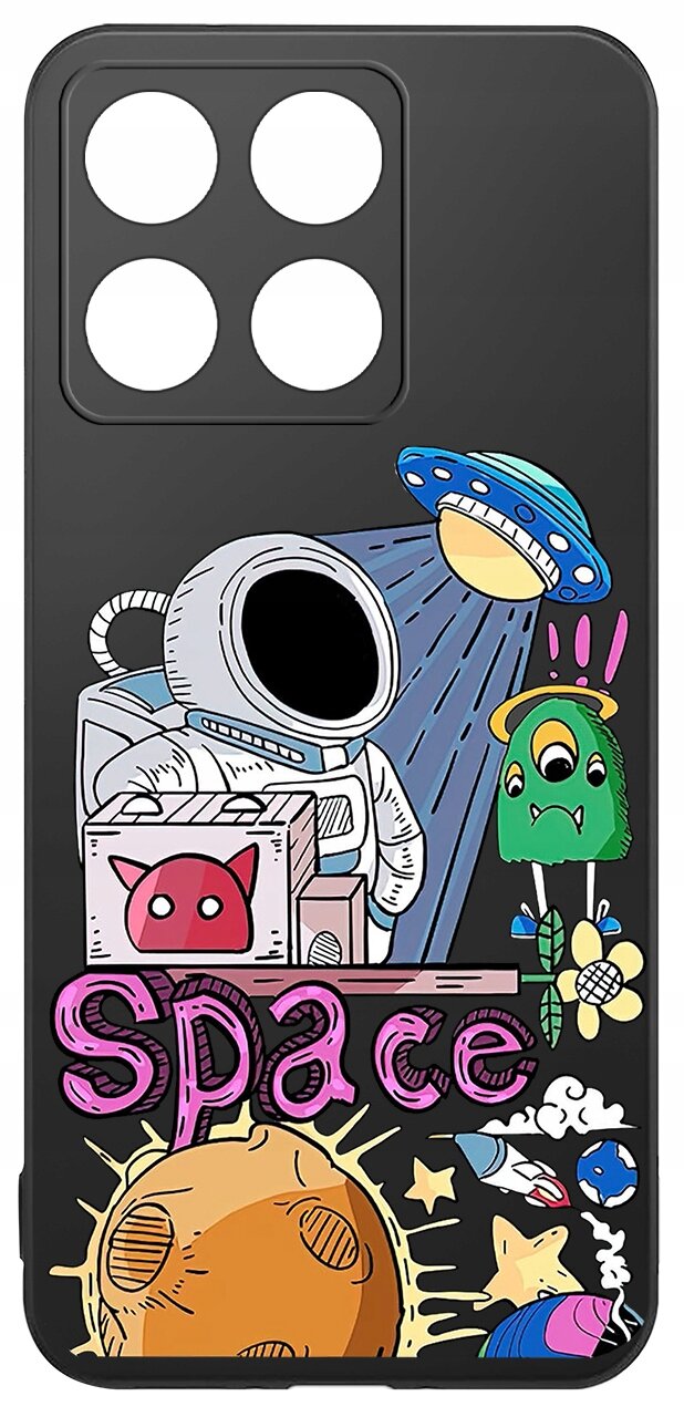Etui na telefon z kolorowym nadrukiem przedstawiającym astronautę, UFO, zielonego stworka i napis \'Space\'. W tle widoczne są elementy kosmiczne, takie jak planety i gwiazdy.