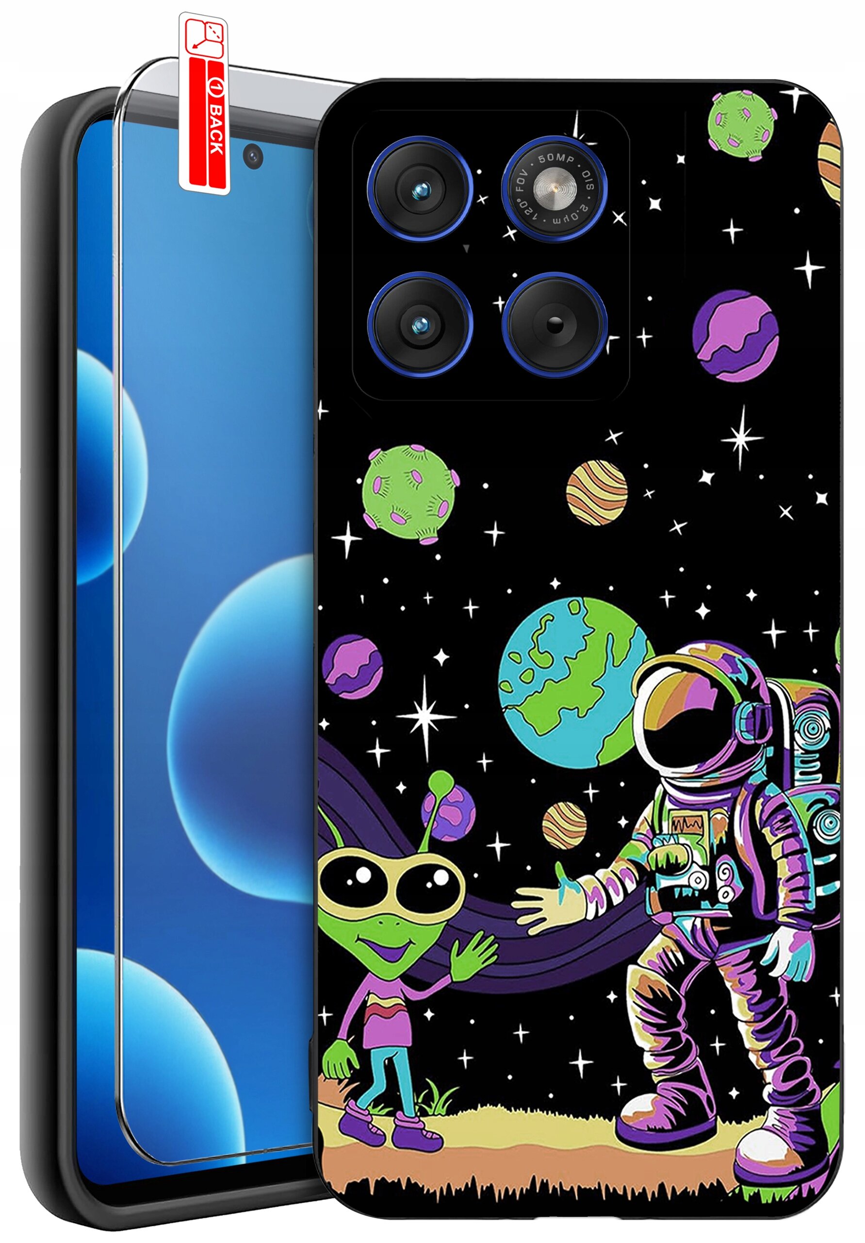 Etui na telefon z kolorowym wzorem przedstawiającym astronautę i zielonego kosmitę na tle kosmosu z planetami i gwiazdami. Obok etui widoczny jest telefon z nałożonym szkłem ochronnym z napisem \'BACK\'.