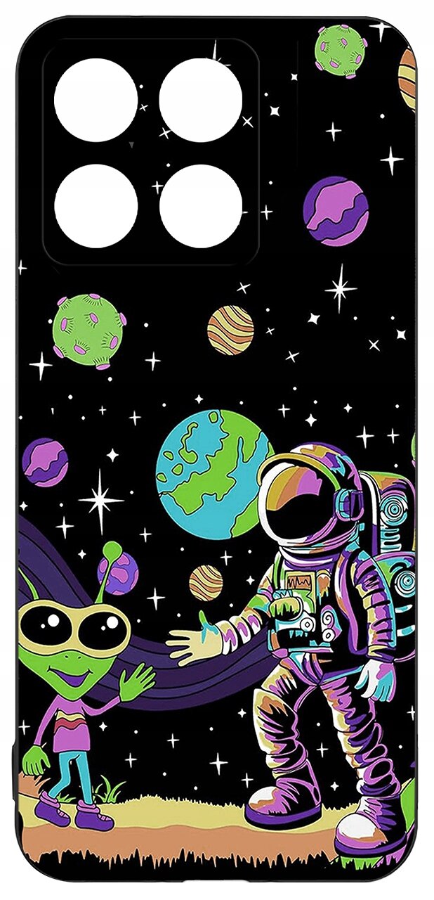 Etui z kolorowym wzorem przedstawiającym astronautę i zielonego kosmitę na tle kosmosu z planetami i gwiazdami. Tło jest czarne, a wzory są w jaskrawych kolorach.