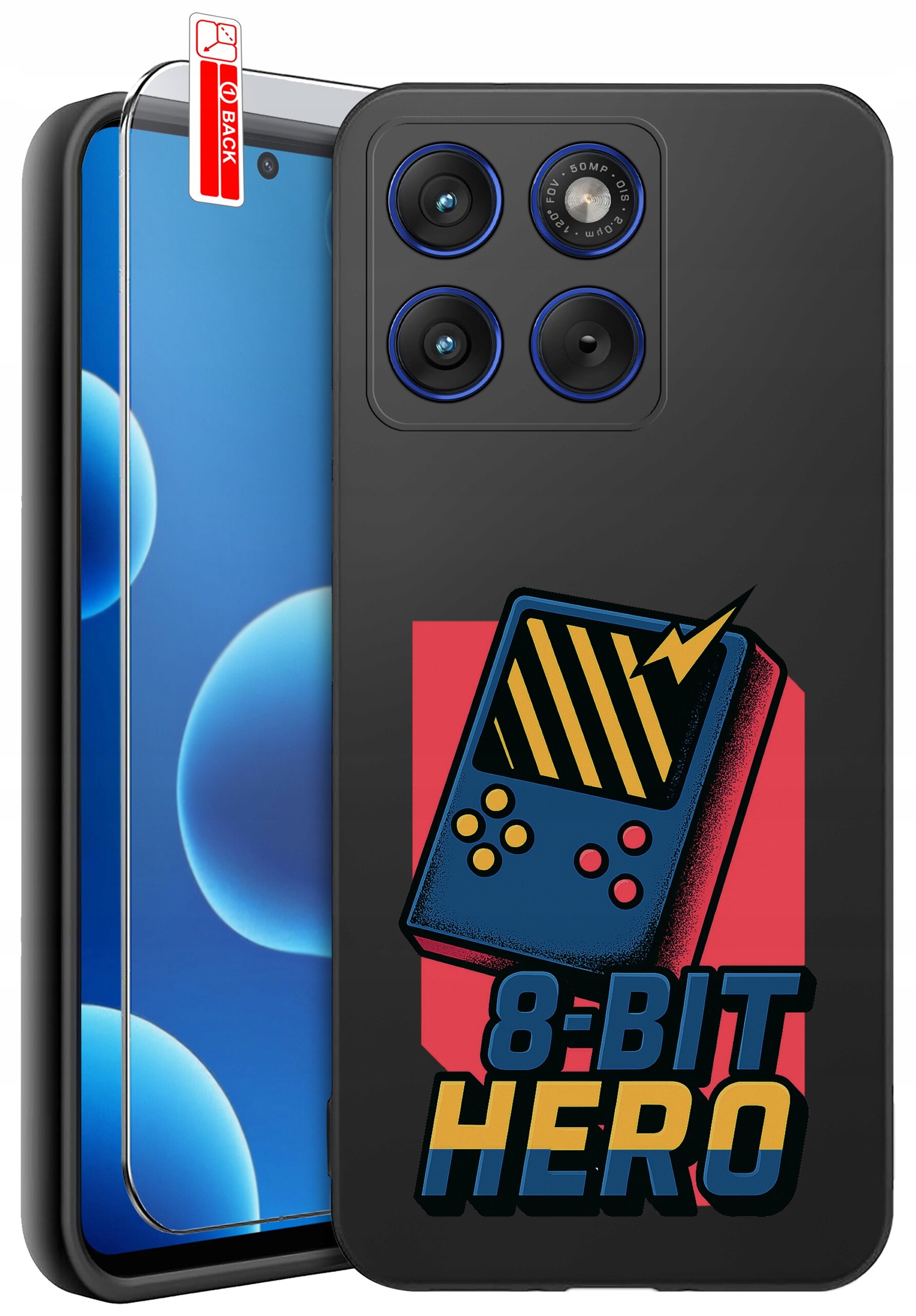 Etui na telefon z grafiką przedstawiającą retro konsolę do gier i napisem \'8-BIT HERO\'. Obok etui znajduje się szkło ochronne z oznaczeniem \'BACK\'.