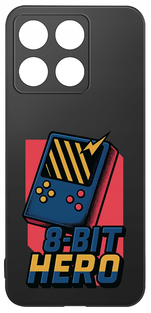 Czarne etui z grafiką przedstawiającą retro konsolę do gier z żółto-czarnymi paskami i napisem \'8-BIT HERO\'.