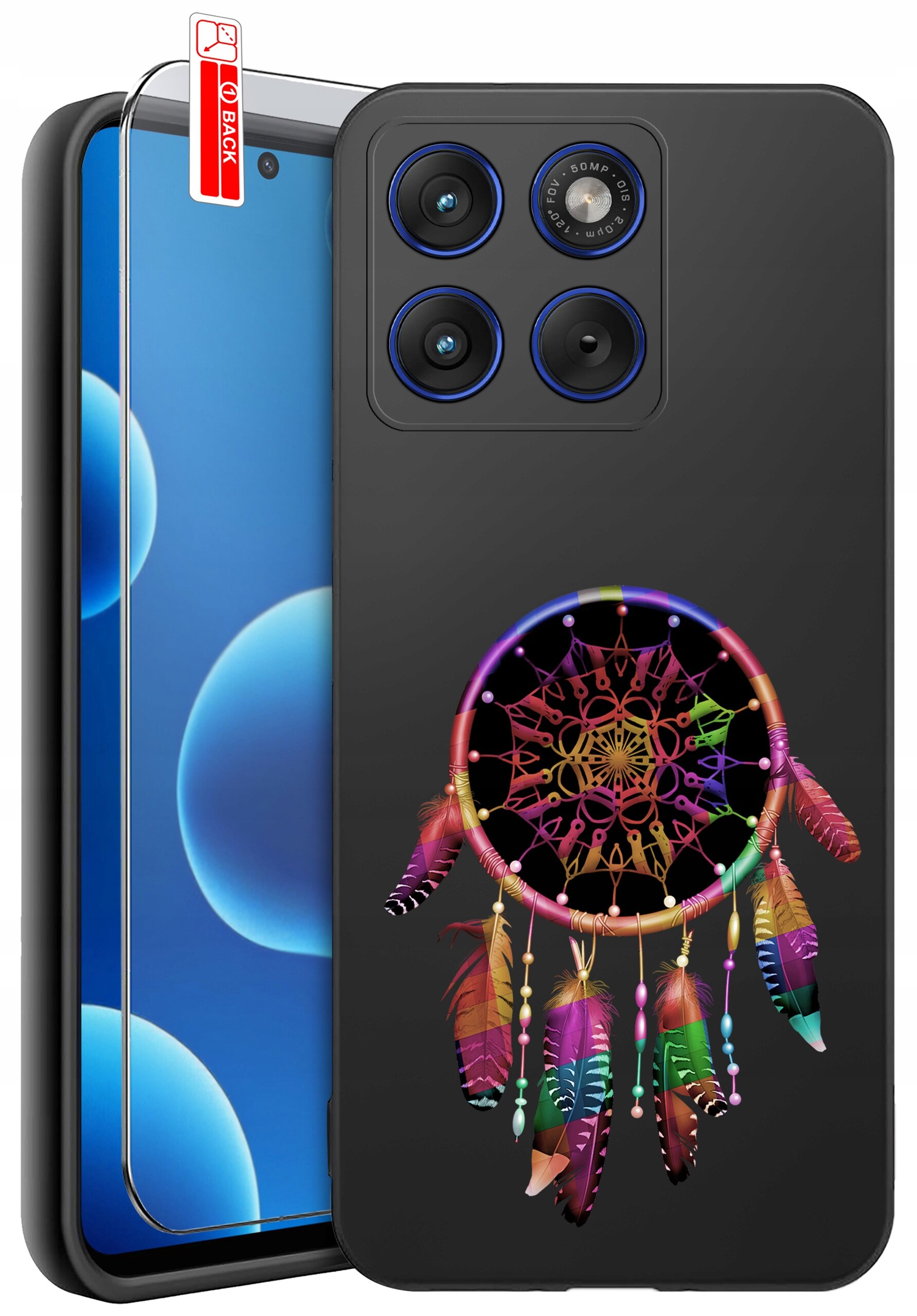 Czarne etui na telefon z kolorowym wzorem łapacza snów i trzema wycięciami na aparaty. Obok znajduje się szkło ochronne z czerwoną naklejką \'BACK\'.