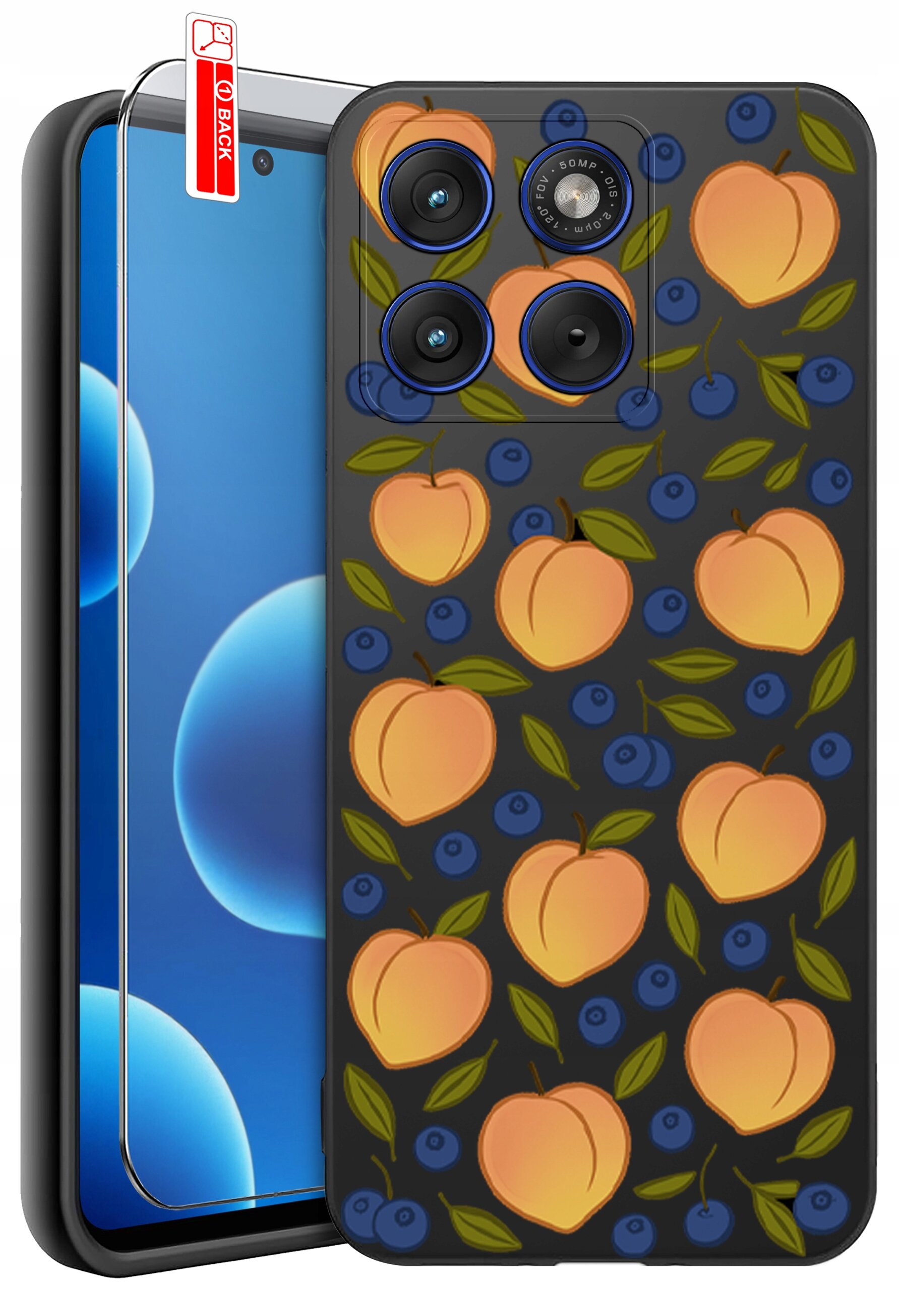 Etui na telefon z wzorem przedstawiającym brzoskwinie i jagody na ciemnym tle. Obok etui znajduje się szkło ochronne z oznaczeniem \'BACK\'.
