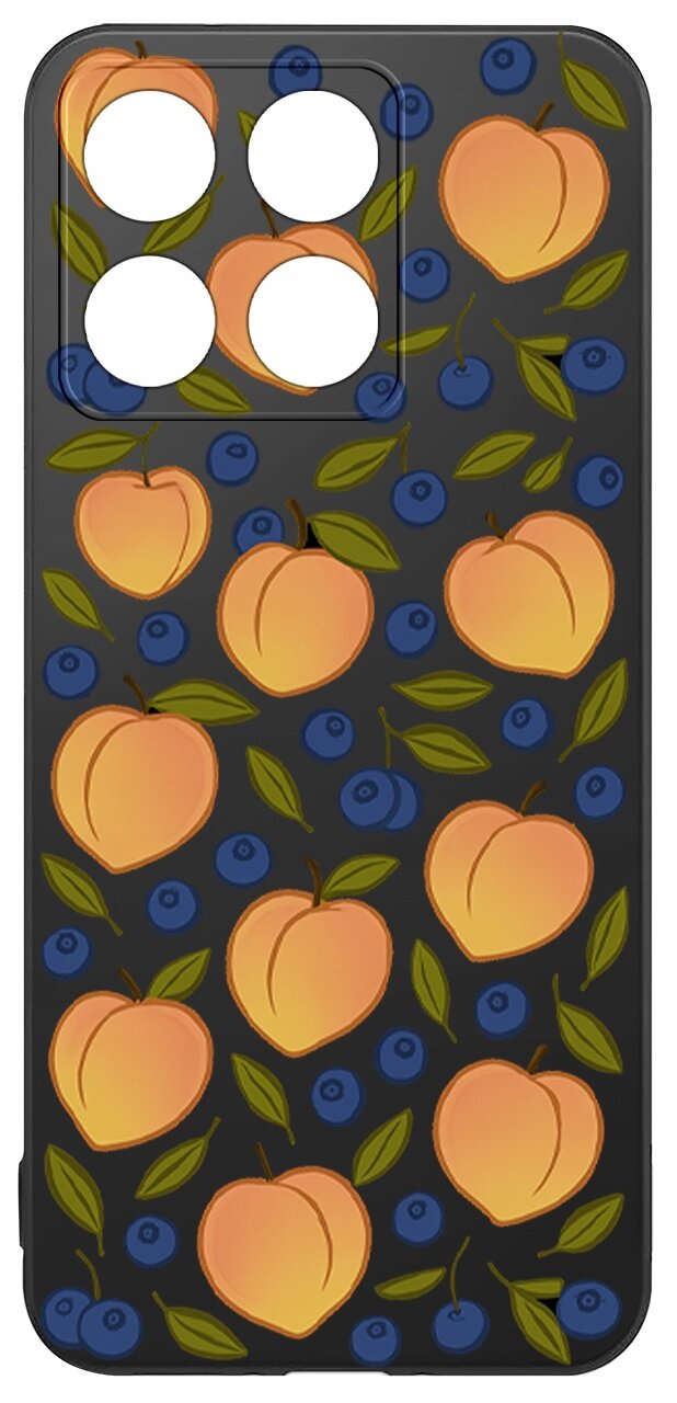 Etui na telefon z wzorem przedstawiającym brzoskwinie i jagody na ciemnym tle. Etui ma cztery otwory na aparat.