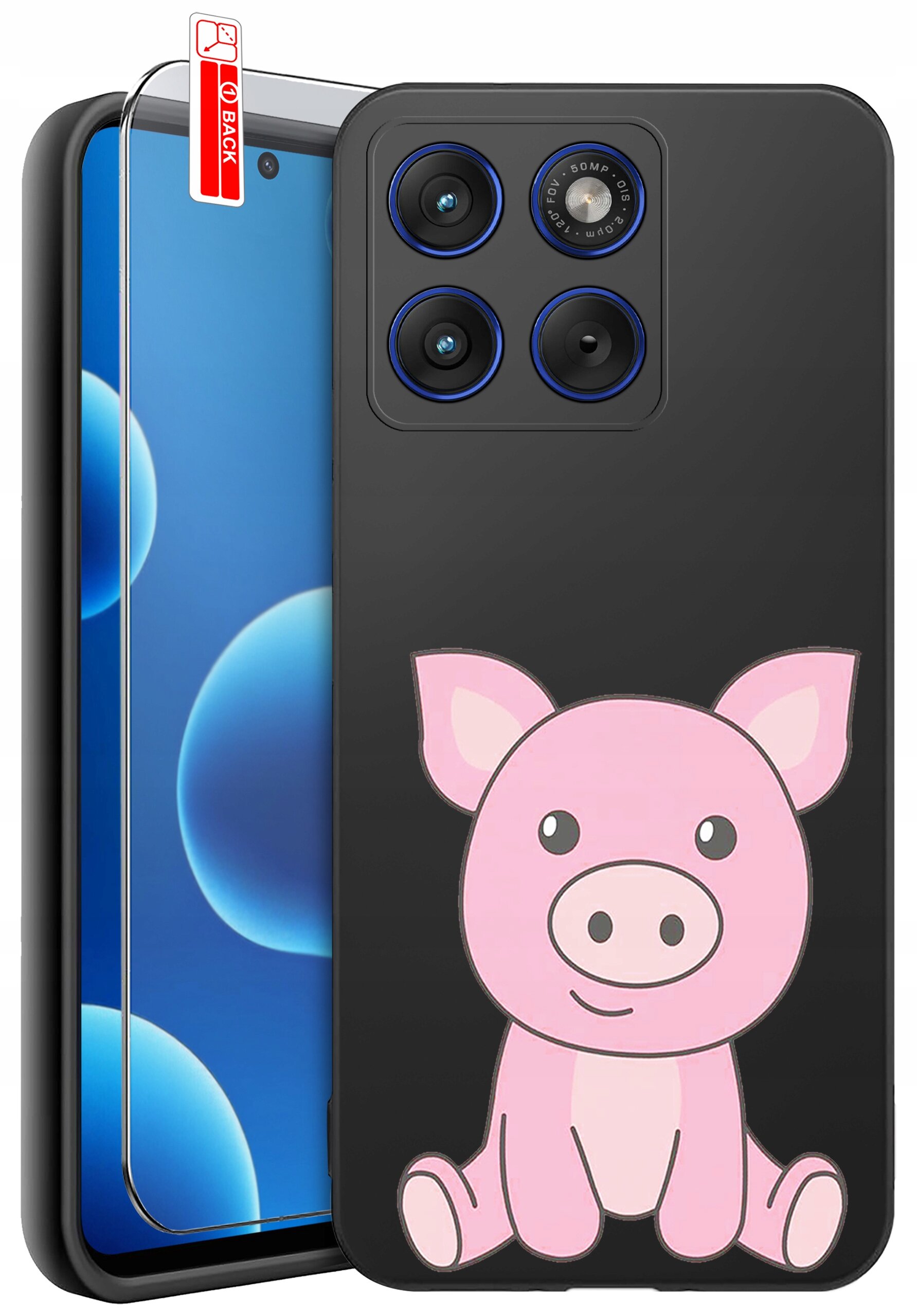 Etui na telefon z czarnym tłem i rysunkiem różowej świnki. Obok znajduje się szkło ochronne z napisem \'BACK\'.