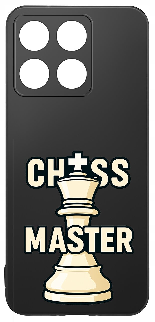 Czarne etui z grafiką przedstawiającą białą figurę szachową oraz napis \'CHESS MASTER\'.