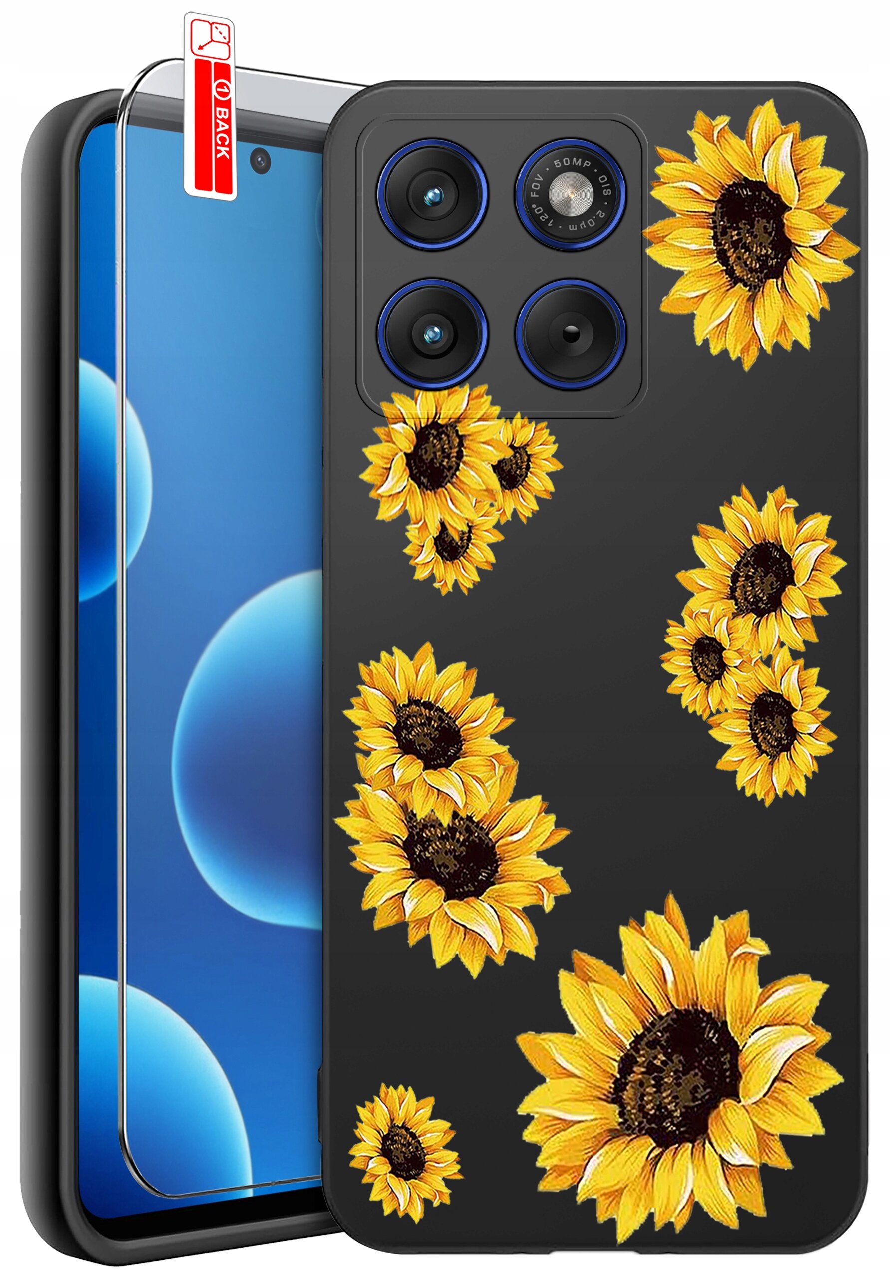 Czarne etui na telefon z wzorem żółtych słoneczników oraz szkło ochronne z oznaczeniem \'BACK\'.