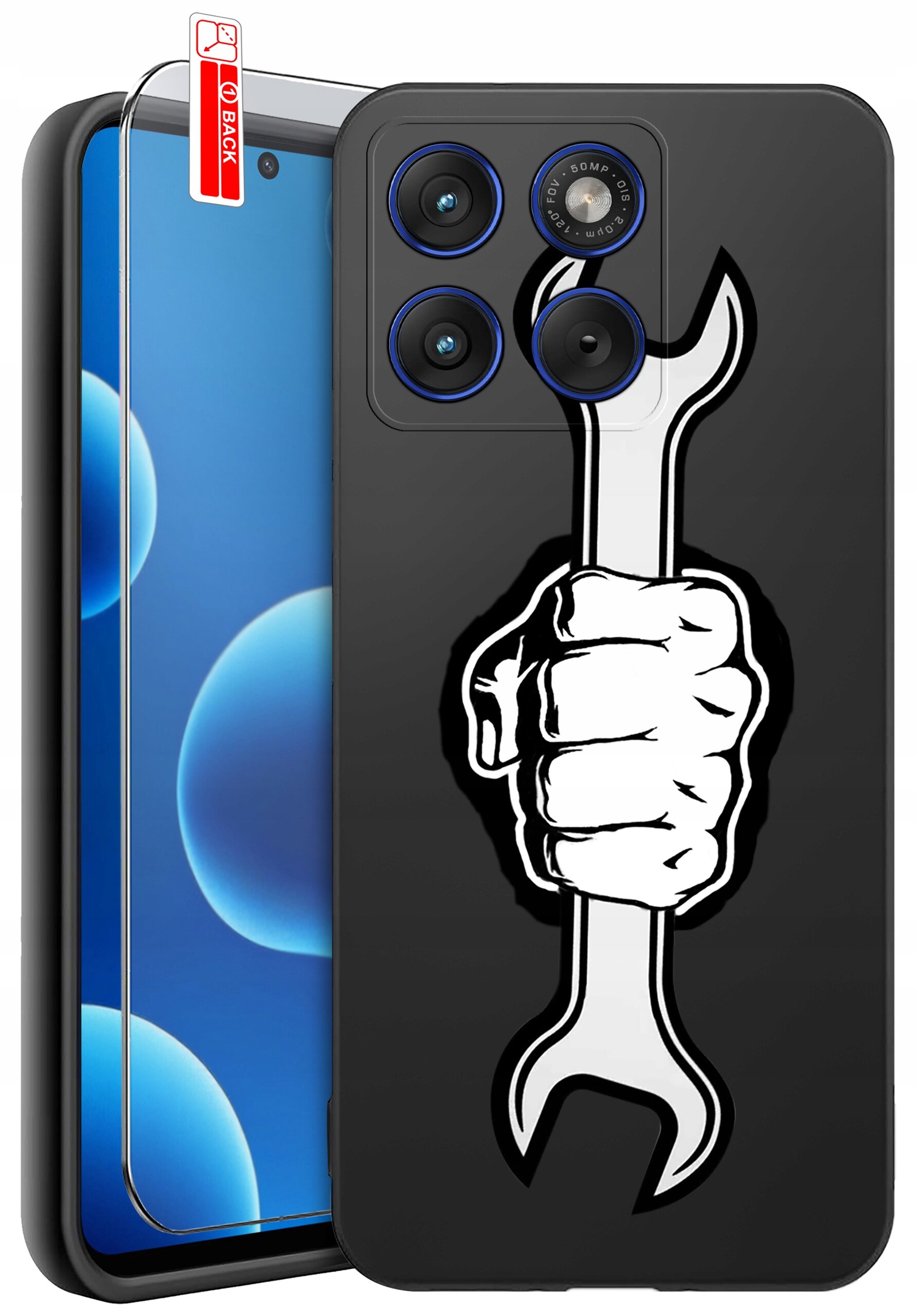 Czarne etui na telefon z nadrukiem białej dłoni trzymającej klucz. Obok znajduje się szkło ochronne z napisem \'BACK\'.
