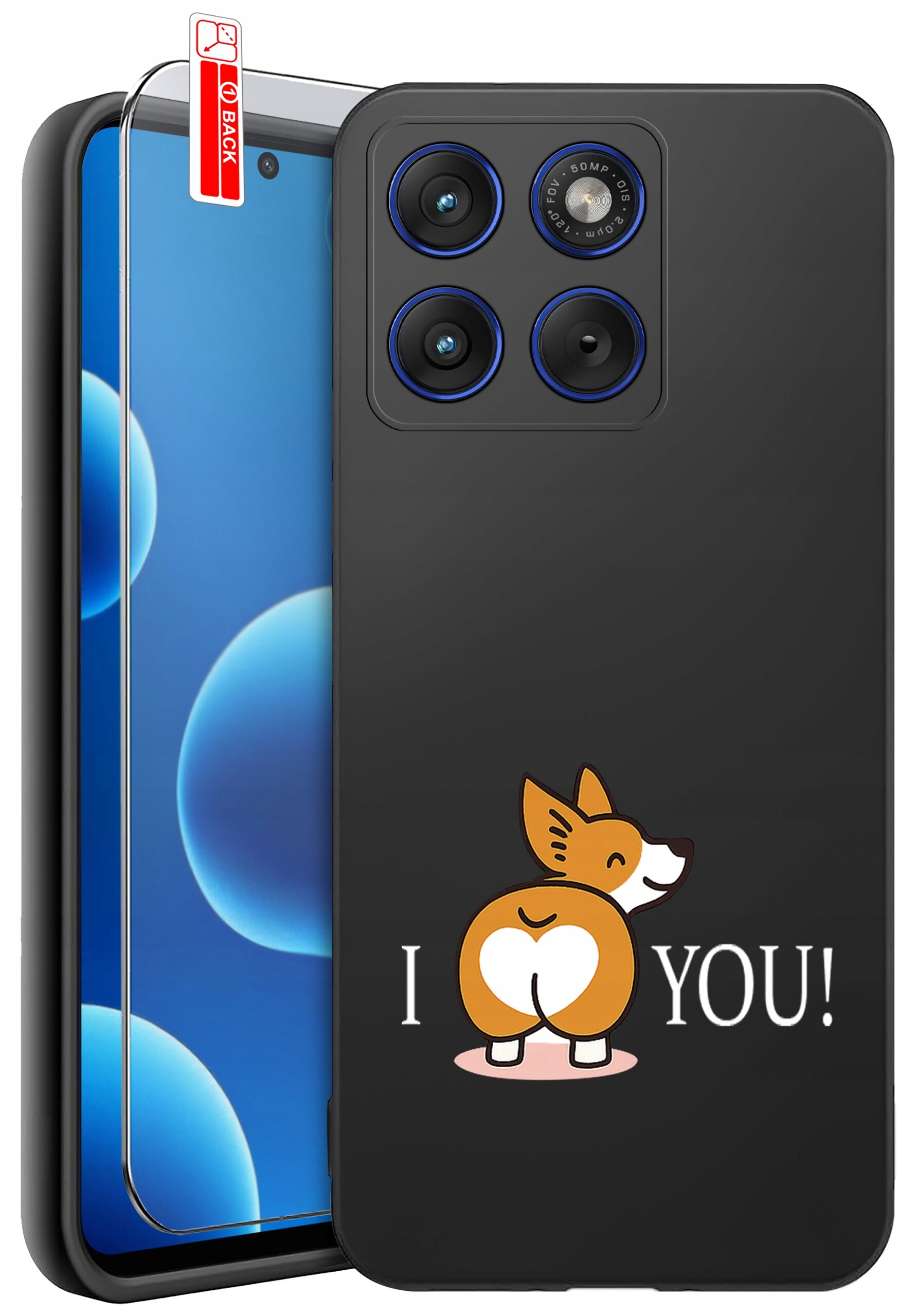 Czarne etui na telefon z nadrukiem psa i napisem \'I ❤️ YOU!\'. Obok etui znajduje się szkło ochronne z oznaczeniem \'BACK\'.
