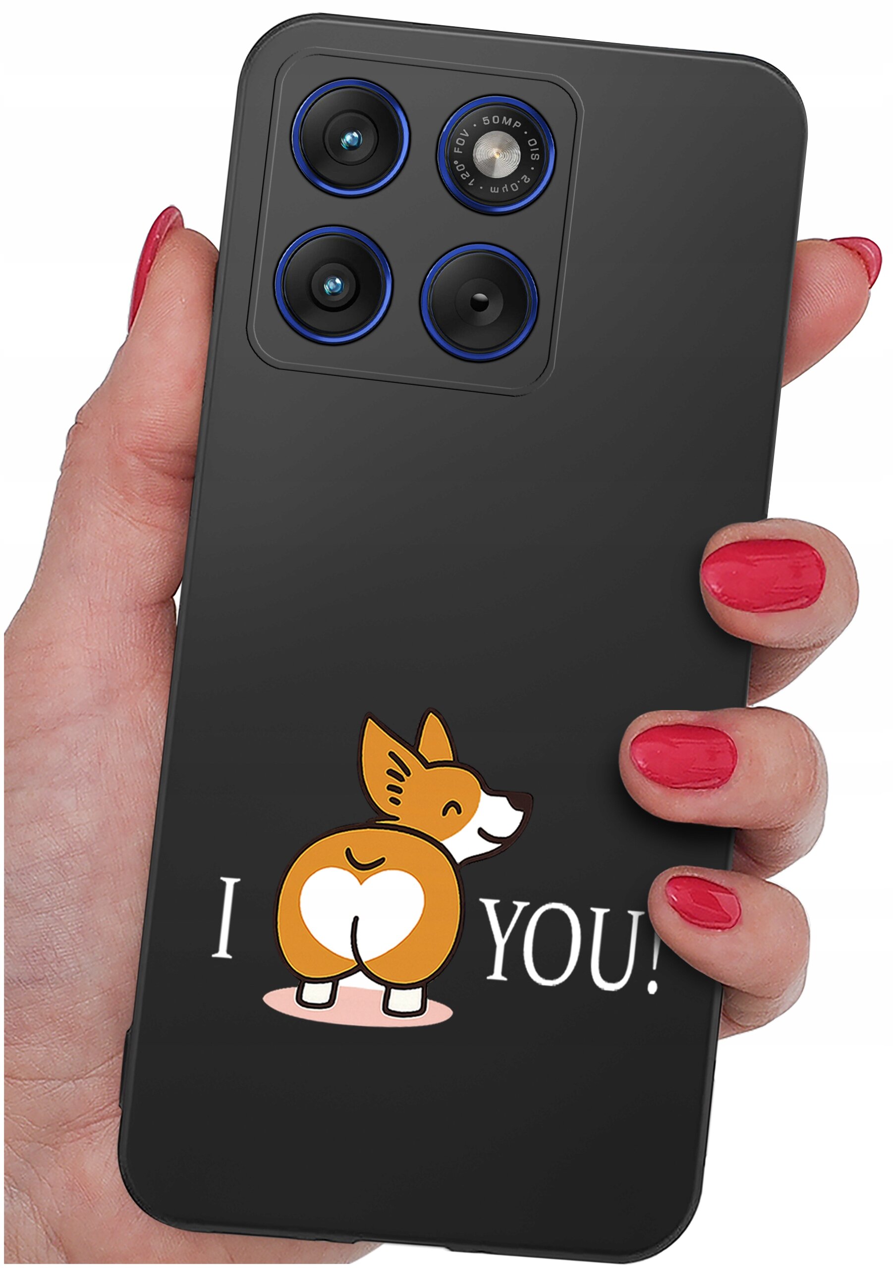 Czarna obudowa telefonu z nadrukiem przedstawiającym rysunkowego psa z sercem na tylnej części ciała oraz napisem \'I ❤️ YOU!\'. Obudowa jest trzymana w dłoni z pomalowanymi na czerwono paznokciami.