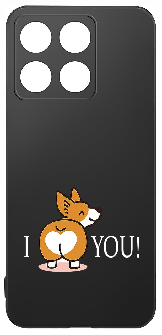 Czarne etui z grafiką przedstawiającą psa z sercem na tylnej części ciała oraz napisem \'I YOU!\'.