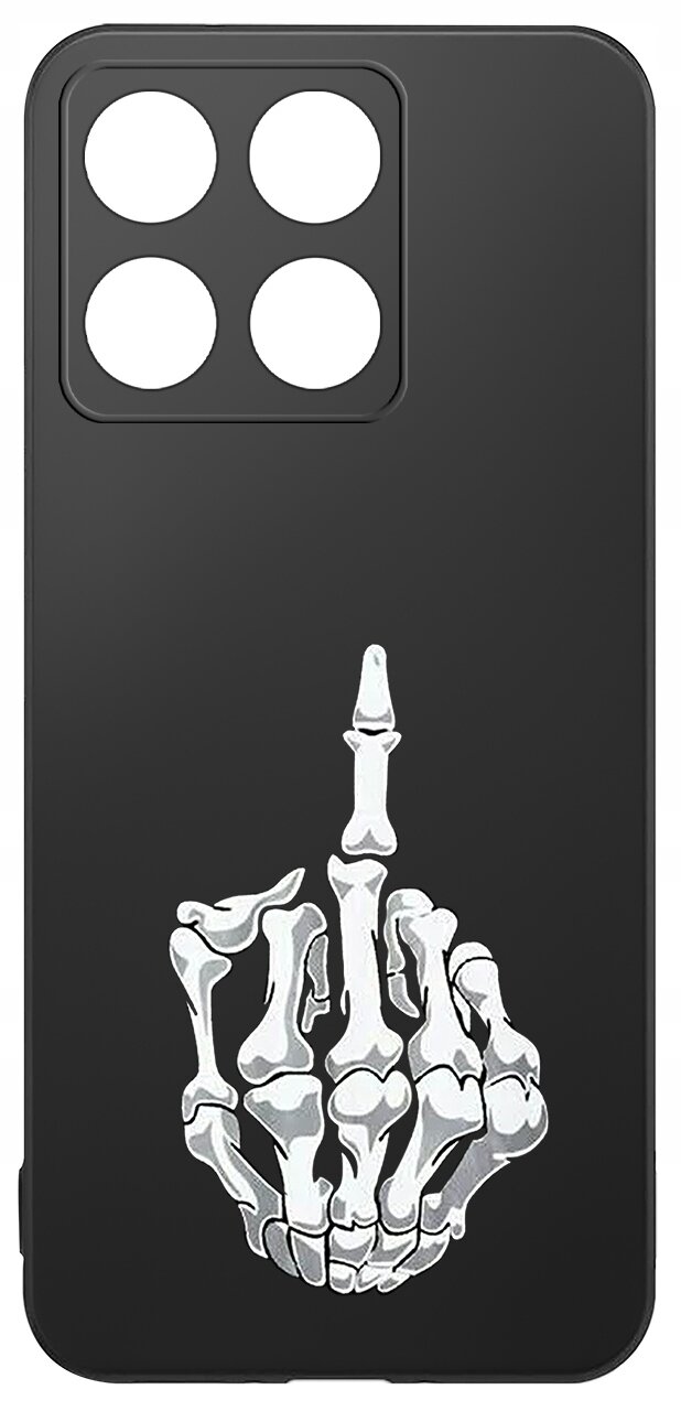 Czarne etui na telefon z nadrukiem białej, szkieletowej dłoni pokazującej środkowy palec. Etui ma wycięcie na cztery obiektywy aparatu.