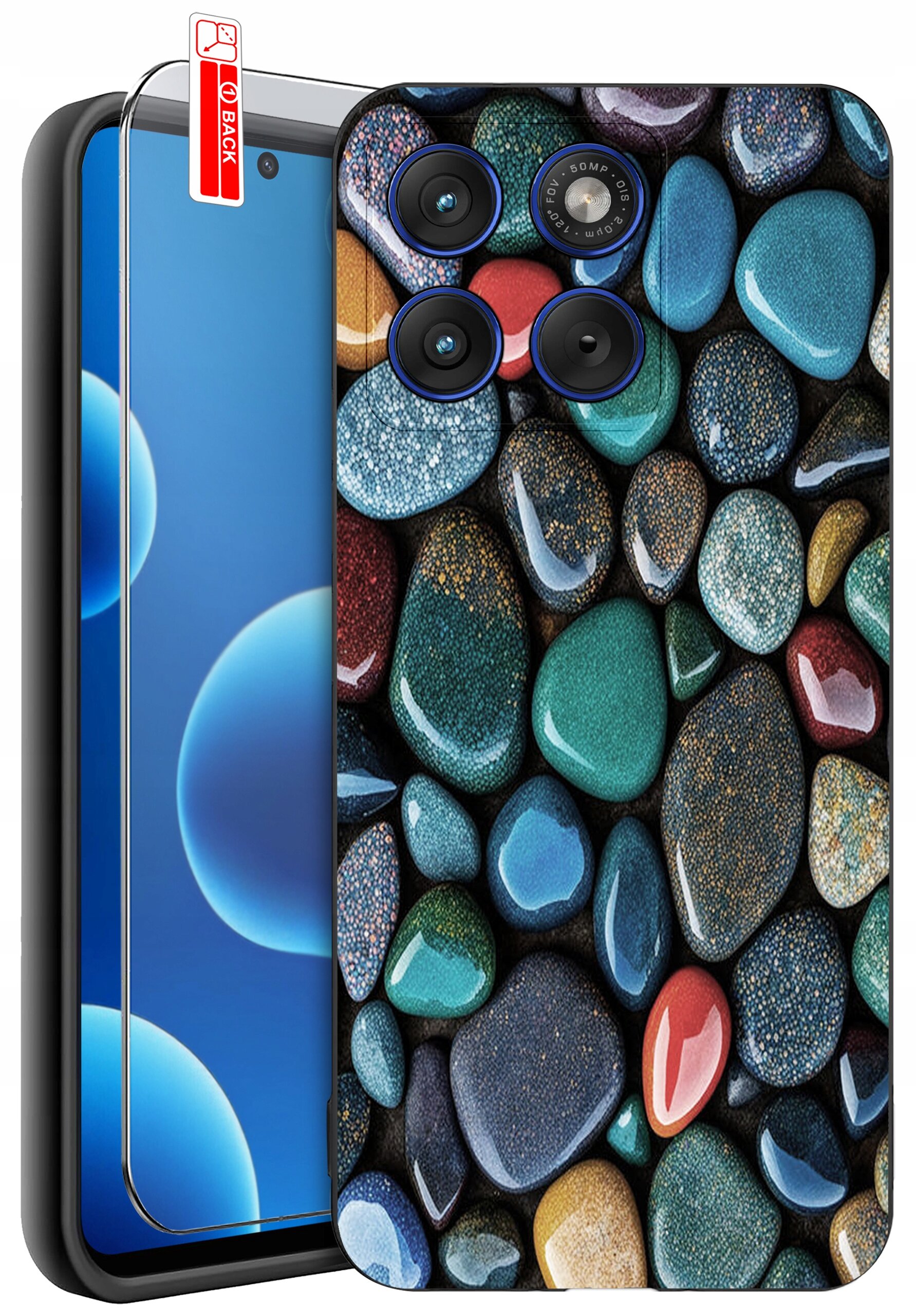 Obraz przedstawia telefon z kolorowym etui w wzór kamieni oraz szkło ochronne z napisem \'BACK\'.