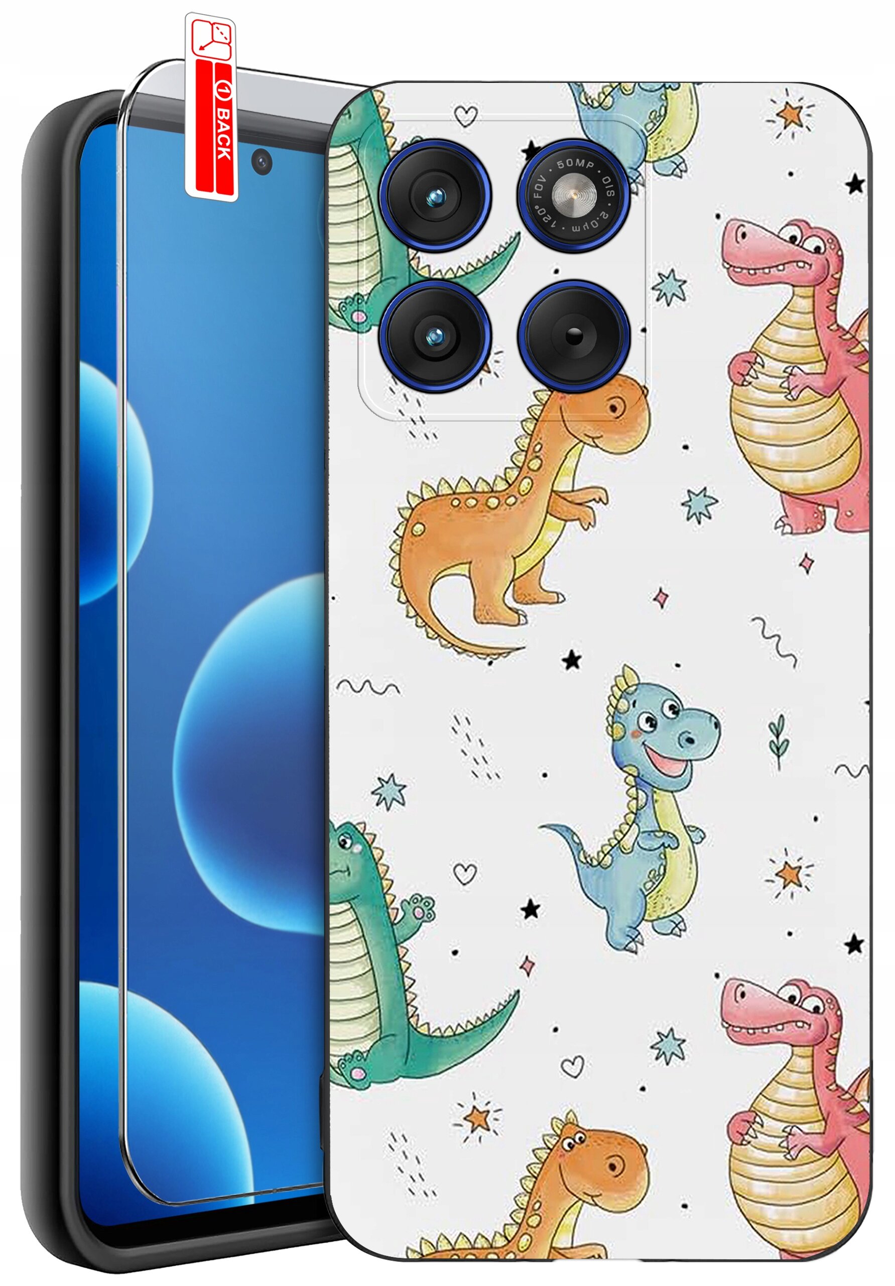 Etui na telefon z kolorowymi wzorami dinozaurów, obok widoczny ekran telefonu z założonym szkłem ochronnym. Na etui znajdują się trzy otwory na aparaty fotograficzne.