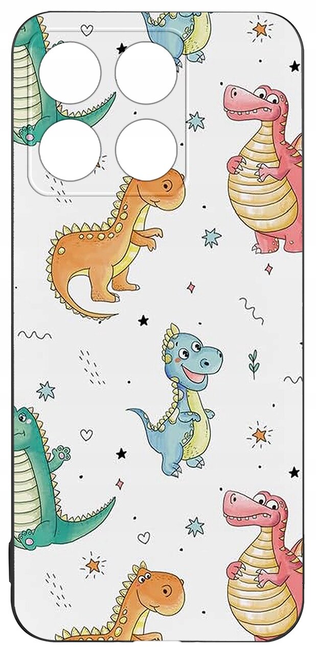 Etui na telefon z kolorowym wzorem przedstawiającym uśmiechnięte dinozaury na białym tle. Wzór zawiera różne kolory i drobne elementy dekoracyjne, takie jak gwiazdki i serduszka.