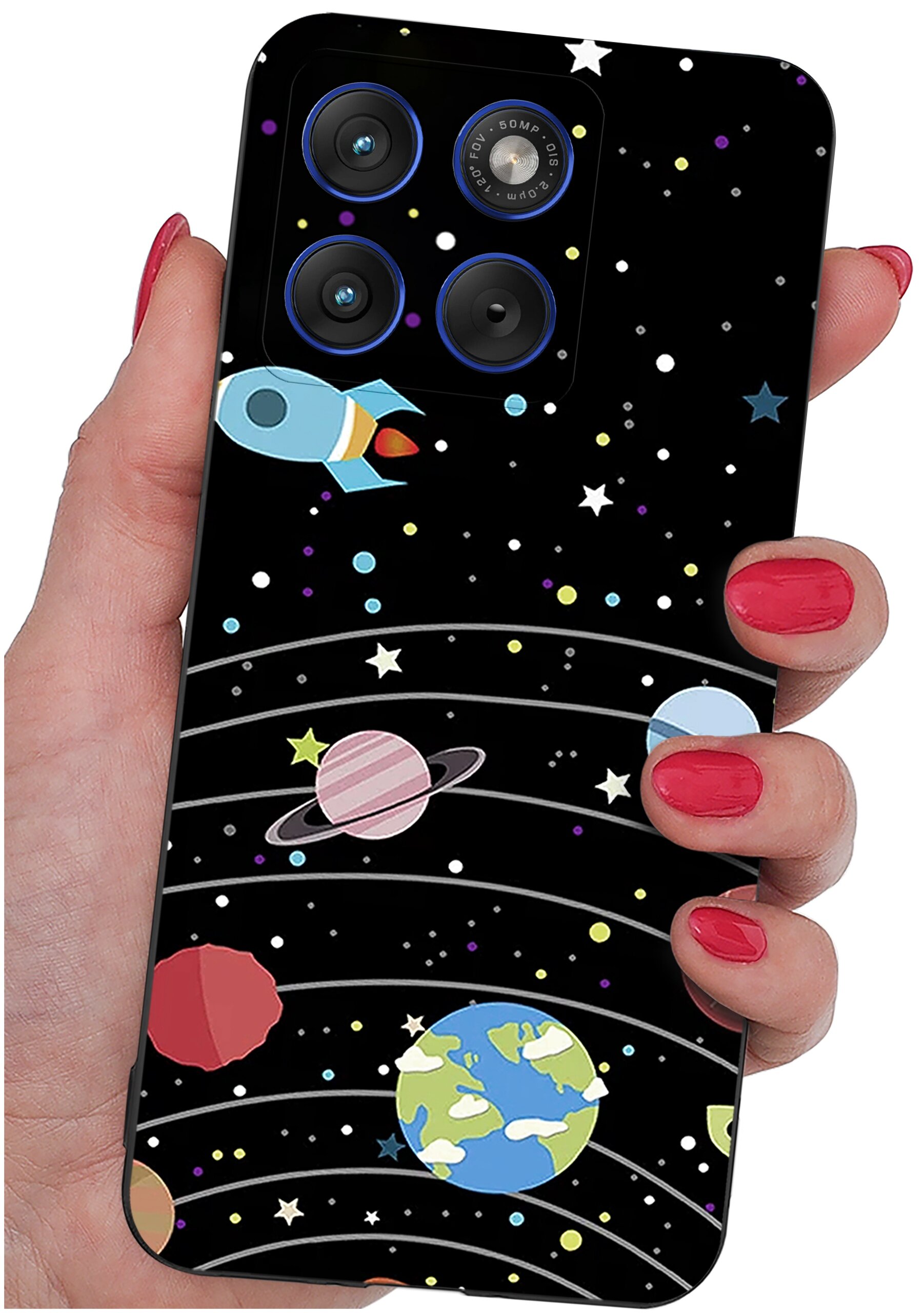 Etui na telefon z motywem kosmosu, przedstawiające planety, gwiazdy i rakietę na czarnym tle. Widoczne są trzy obiektywy aparatu oraz napis \'AI 108MP CAMERA\'.