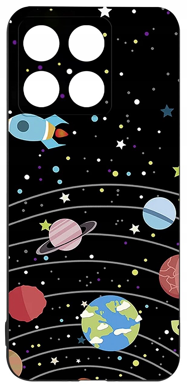 Etui na telefon z motywem kosmosu, przedstawiające planety, gwiazdy i rakietę na czarnym tle. W górnej części znajdują się cztery okrągłe wycięcia na aparat.