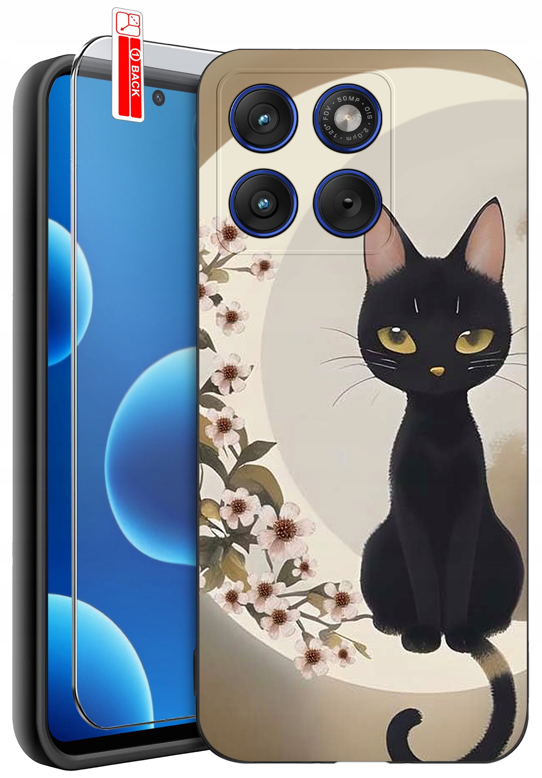 Etui na telefon z nadrukiem czarnego kota i kwiatów, obok którego znajduje się szkło ochronne z napisem \'BACK\'.