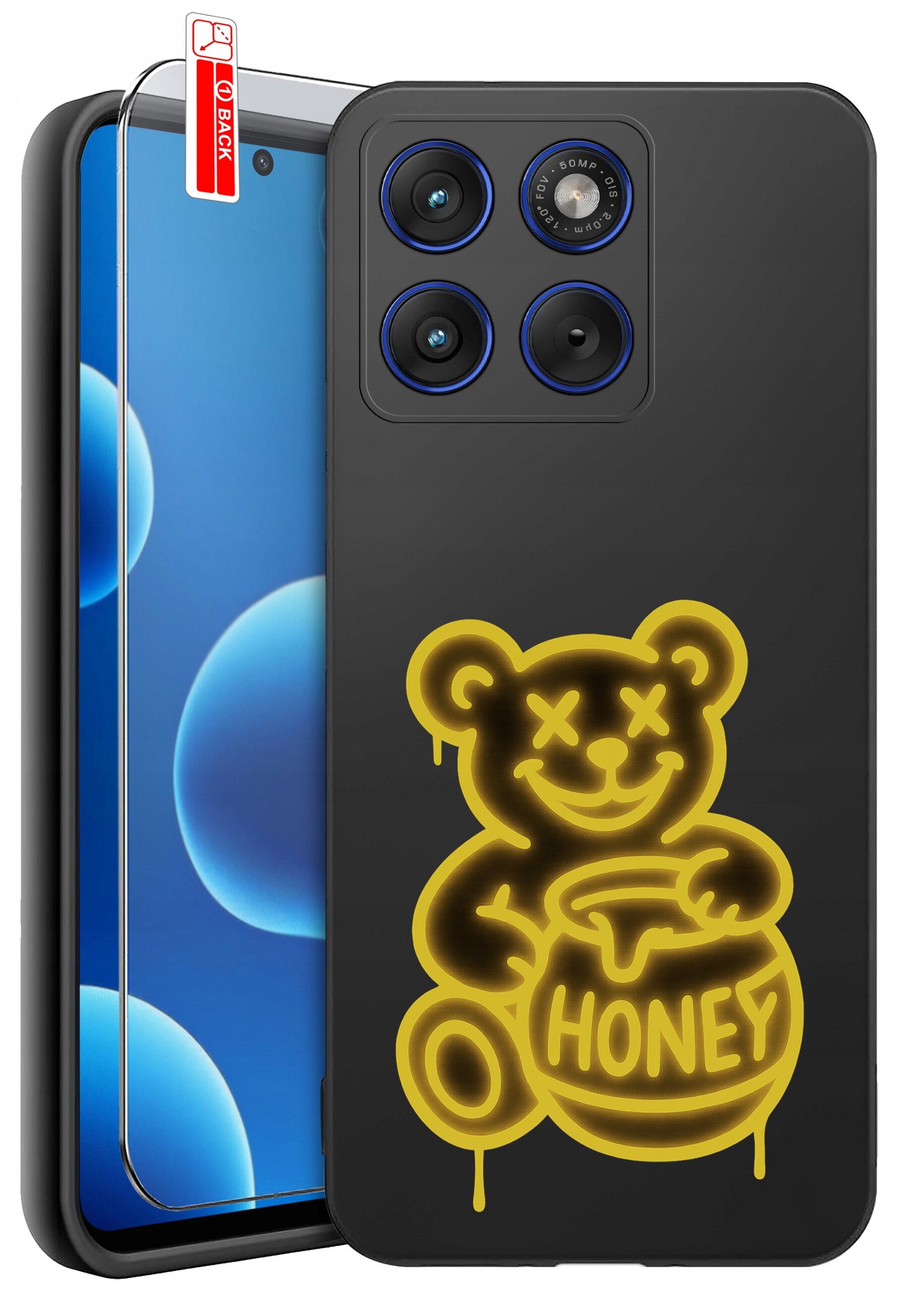 Czarne etui z żółtym rysunkiem misia trzymającego słoik z napisem \'HONEY\'. Obok etui znajduje się szkło ochronne z czerwoną etykietą \'BACK\'.