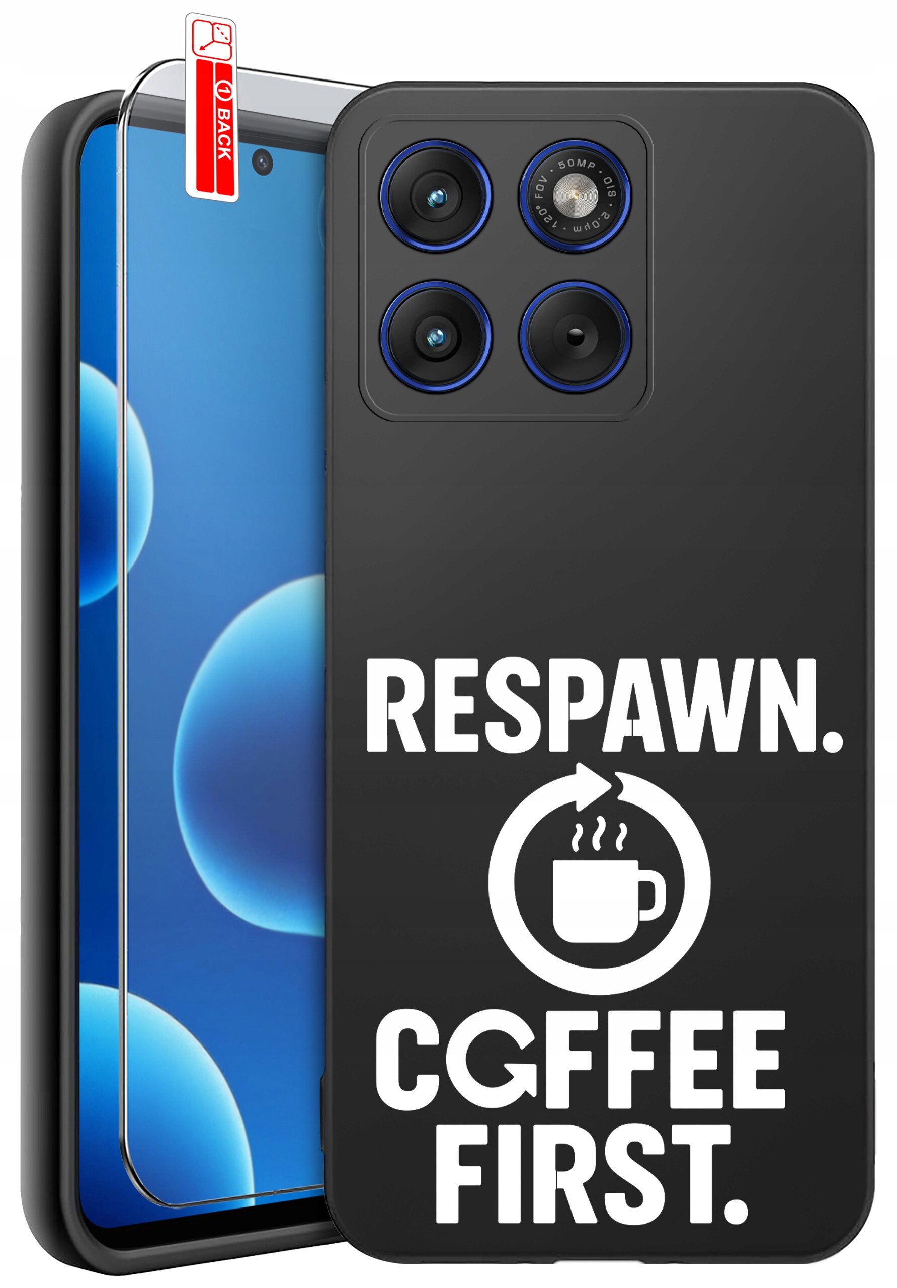 Czarne etui na telefon z napisem \'RESPAWN. CGFFEE FIRST.\' oraz ikoną filiżanki. Obok znajduje się szkło ochronne na ekran z oznaczeniem \'BACK\'.