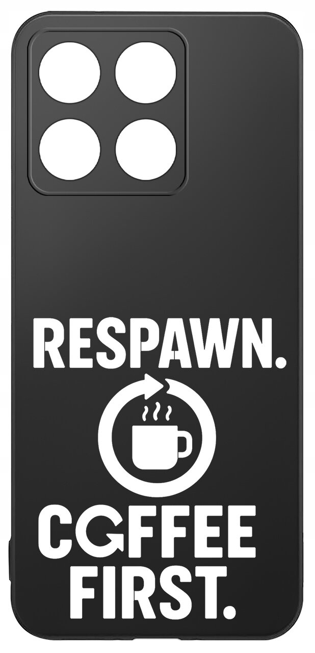 Czarne etui z czterema okrągłymi otworami na aparat. Na etui widnieje biały napis: \'RESPAWN. CGFFEE FIRST.\' oraz symbol filiżanki z parującą kawą otoczony strzałką.