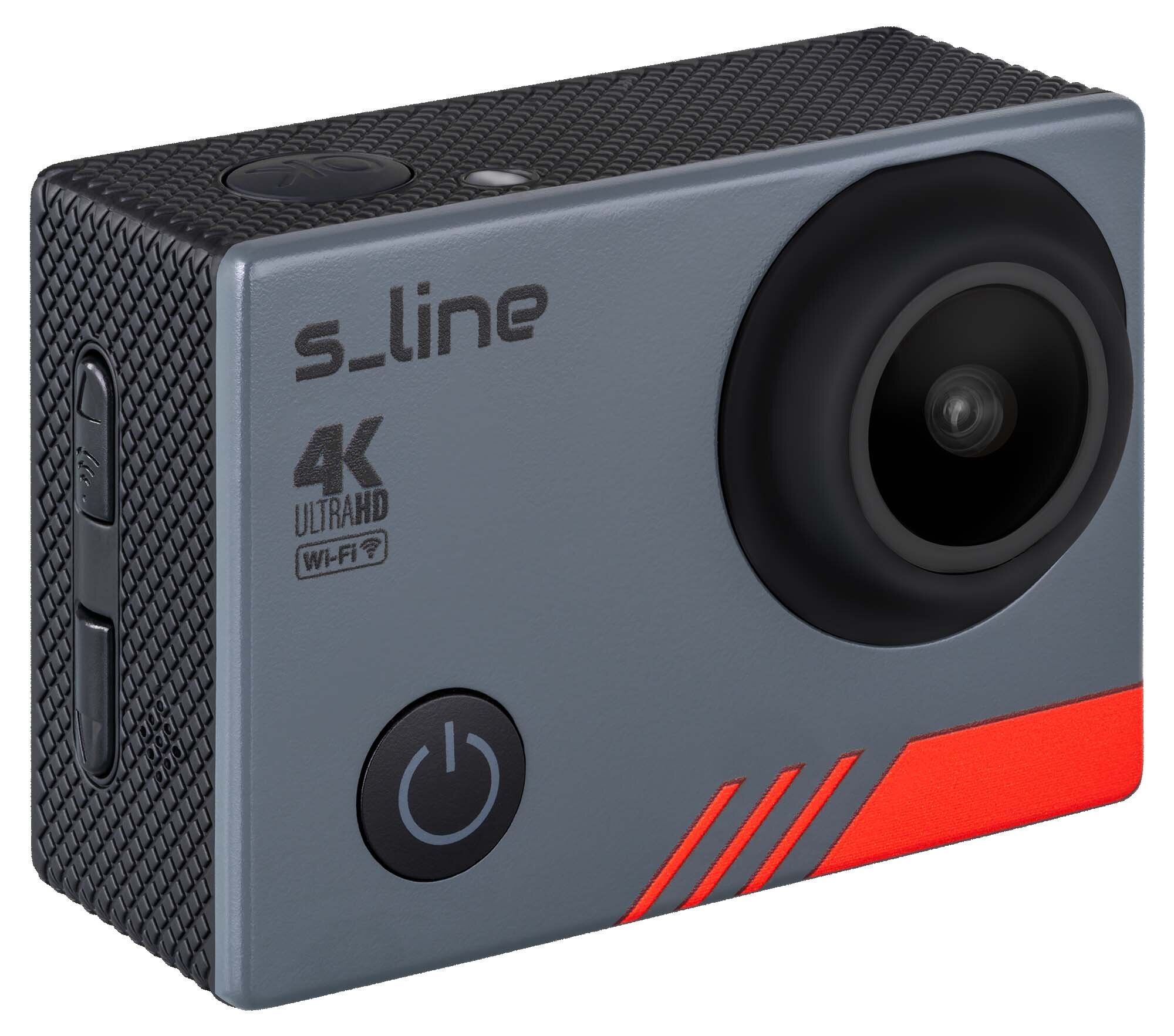 Kamera sportowa w szarej obudowie z dużym obiektywem i czerwonym akcentem. Widoczne napisy: \'s_line\', \'4K ULTRAHD\', \'Wi-Fi\'.