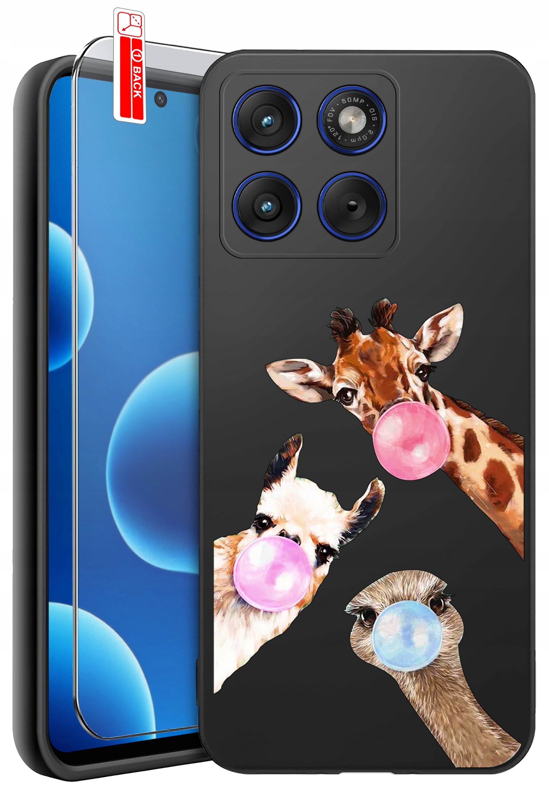 Etui na telefon z trzema zwierzętami dmuchającymi różowe i niebieskie balony z gumy do żucia. Obok etui znajduje się szkło ochronne z napisem \'BACK\'.
