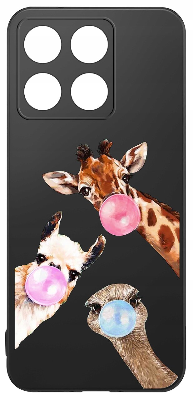 Czarne etui na telefon z trzema zwierzętami: żyrafą, lamą i strusiem, które dmuchają różnokolorowe balony z gumy do żucia.