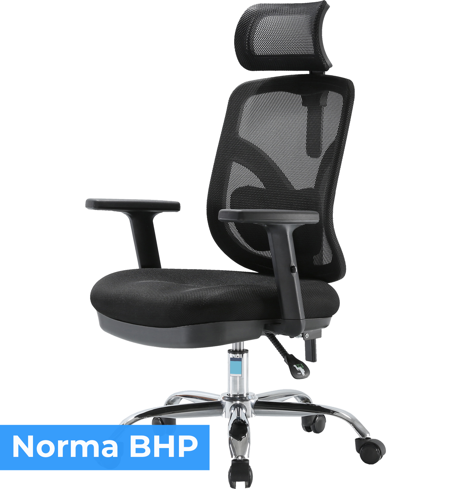 Czarny, ergonomiczny fotel biurowy z siatkowym oparciem i regulowanym zagłówkiem, na chromowanej podstawie z kółkami. Na dole obrazu widoczny jest napis \'Norma BHP\'.