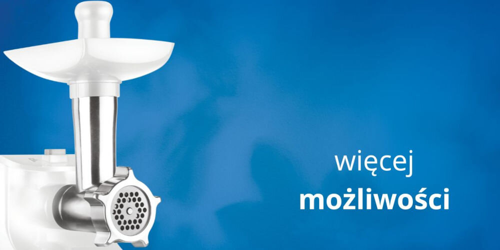 Na niebieskim tle widoczna jest maszynka do mięsa z metalowym wykończeniem. Obok znajduje się tekst: \'więcej możliwości\'.