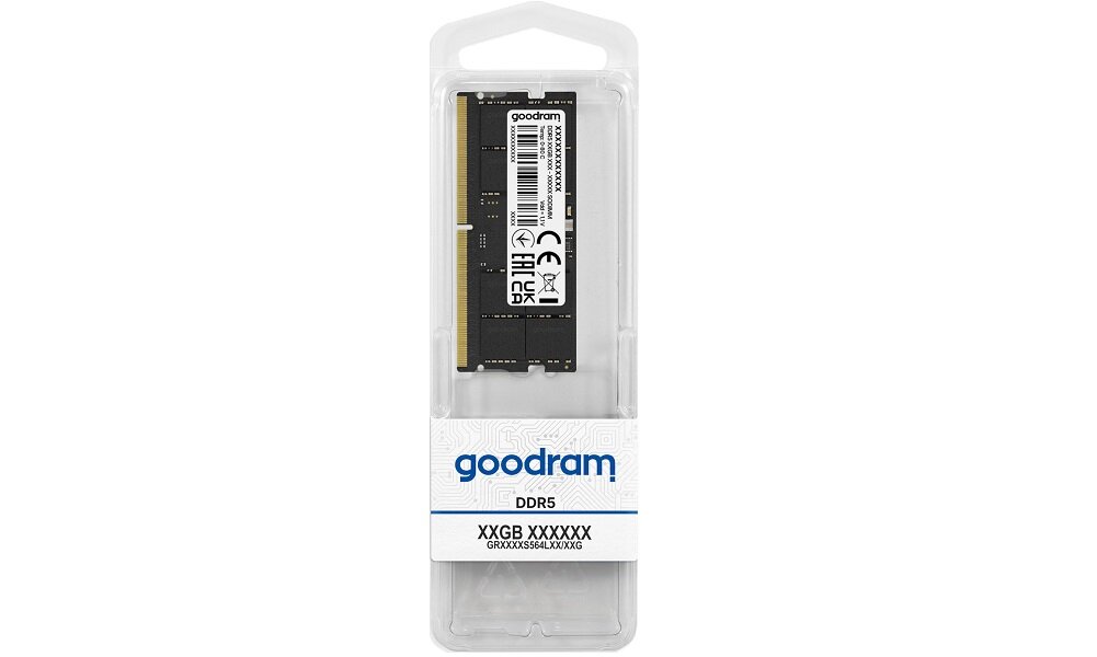 Opakowanie z pamięcią RAM GOODRAM, widoczny moduł z etykietą i oznaczeniami technicznymi. Na opakowaniu napis \'goodram DDR5\' oraz \'XxGB XXXXXX\'.