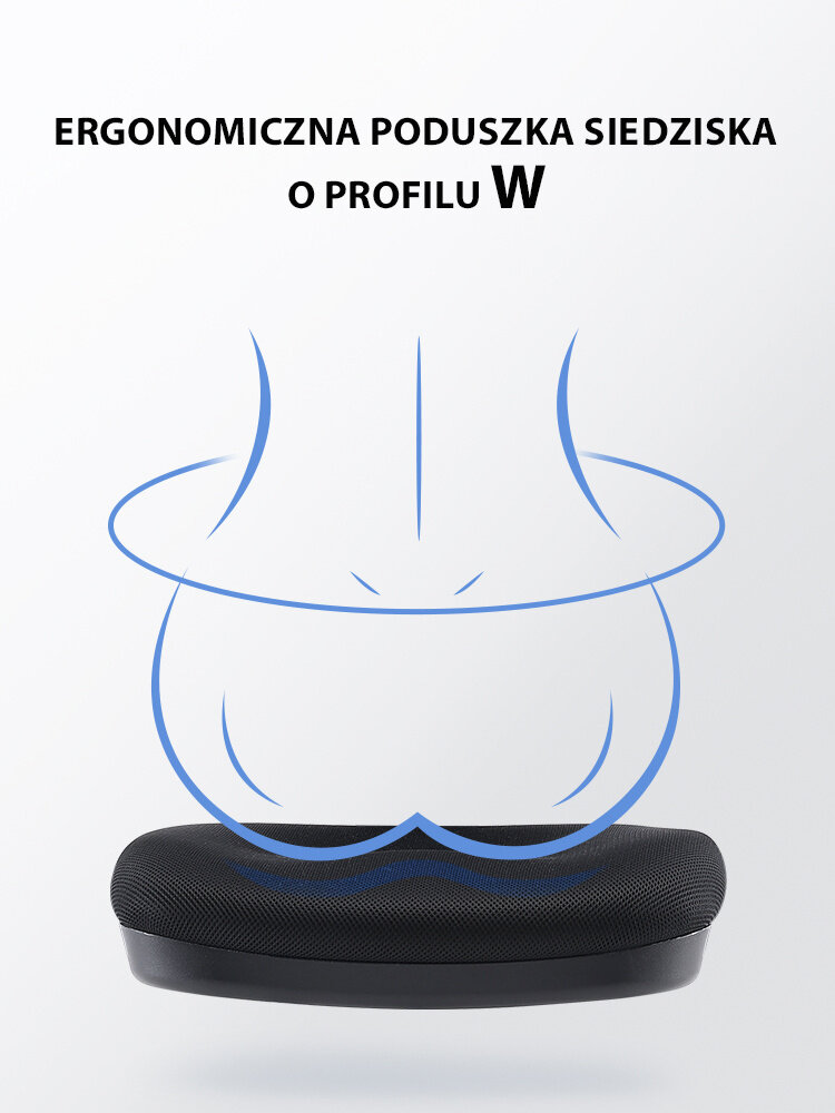 Na obrazie widoczna jest czarna poduszka siedzenia z ergonomicznym profilem, nad którą znajduje się niebieski zarys sylwetki. Tekst na górze obrazu brzmi: \'ERGONOMICZNA PODUSZKA SIEDZISKA O PROFILU W\'.