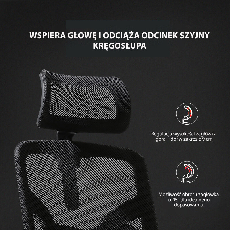 Czarny fotel biurowy z siatkowym zagłówkiem i oparciem. Tekst na obrazie: \'WSPIERA GŁOWĘ I ODCIĄŻA ODCINEK SZYJNY KRĘGOSŁUPA\', \'Regulacja wysokości zagłówka góra – dół w zakresie 9 cm\', \'Możliwość obrotu zagłówka o 45° dla idealnego dopasowania\'.
