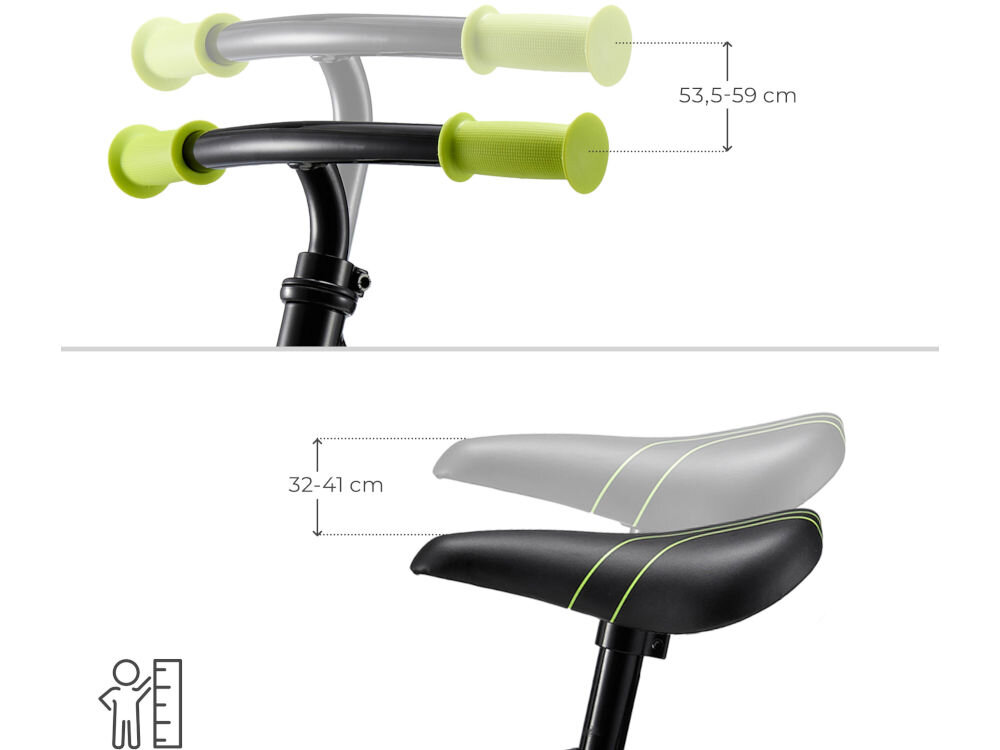 Obraz przedstawia kierownicę i siodełko rowerka biegowego z zaznaczonymi wymiarami. Kierownica ma regulację wysokości od 53,5 do 59 cm, a siodełko od 32 do 41 cm.
