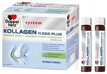 Opakowanie produktu z napisem \'Doppelherz system KOLLAGEN 11.000 PLUS ZDROWE KOŚCI + SPRAWNE STAWY (CHRZĄSTKI) Suplement diety\'. Obok znajdują się dwie ampułki z podobnym oznaczeniem.