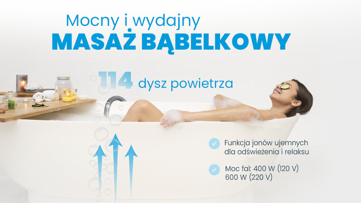 Obraz przedstawia osobę relaksującą się w wannie z masażem bąbelkowym, obok której znajduje się drewniana półka z akcesoriami do kąpieli. Tekst na obrazie: \'Mocny i wydajny masaż bąbelkowy, 114 dysz powietrza, Funkcja jonów ujemnych dla odświeżenia i relaksu, Moc fal: 400 W (120 V) 600 W (220 V)\'.