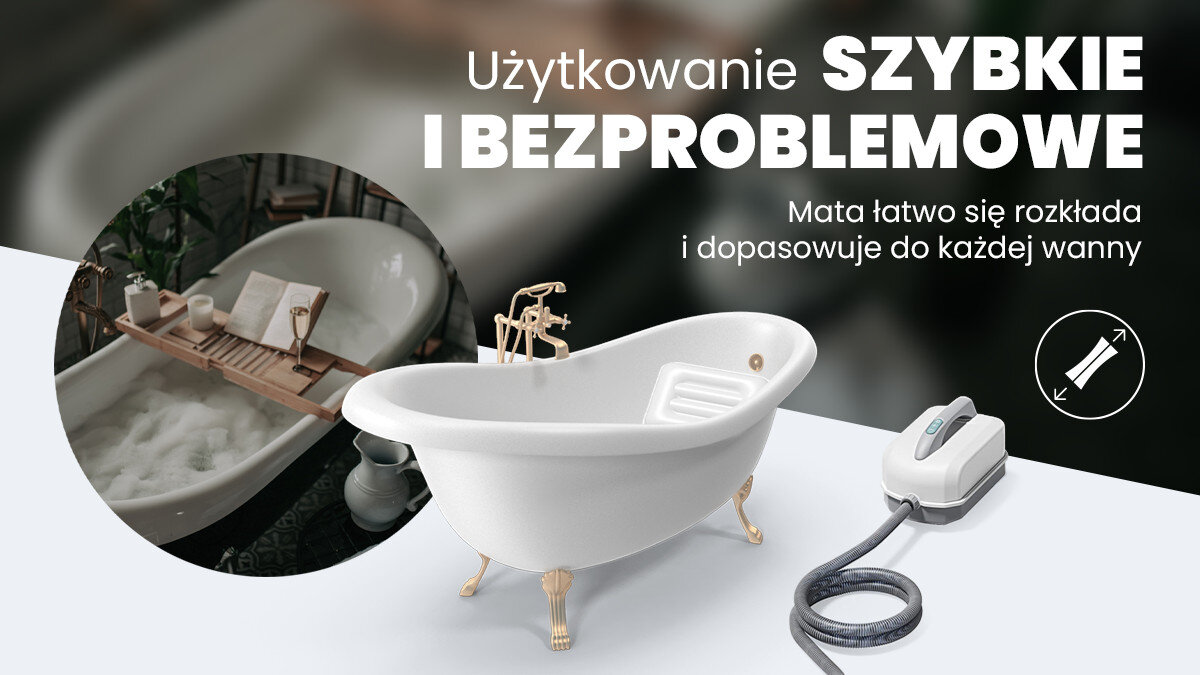Obraz przedstawia białą wannę z mosiężnymi nogami i kranem, obok której znajduje się urządzenie z wężem. Na obrazie widoczny jest tekst: \'Użytkowanie SZYBKIE I BEZPROBLEMOWE Mata łatwo się rozkłada i dopasowuje do każdej wanny\'.