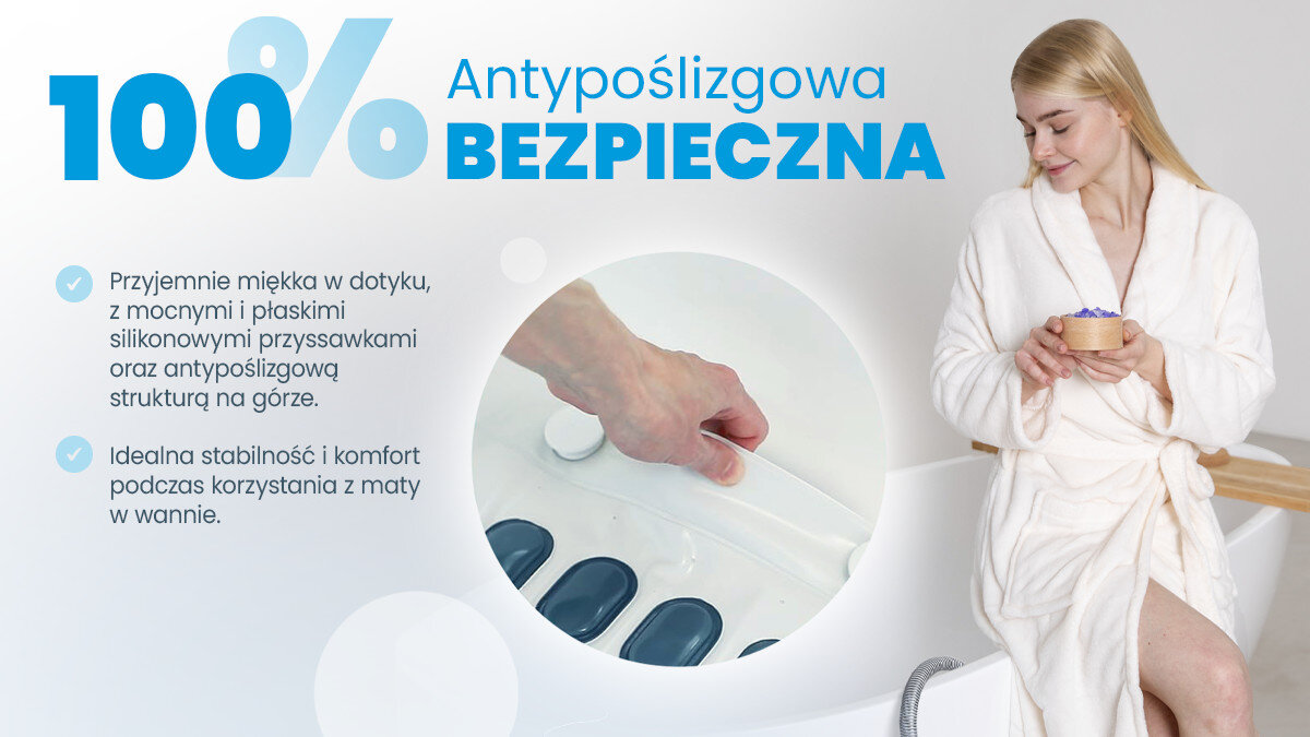 Grafika przedstawia kobietę w białym szlafroku siedzącą na brzegu wanny oraz tekst: \'100% Antypoślizgowa BEZPIECZNA\'. Obok znajduje się zdjęcie dłoni dotykającej maty z przyssawkami oraz tekst: \'Przyjemnie miękka w dotyku, z mocnymi i płaskimi silikonowymi przyssawkami oraz antypoślizgową strukturą na górze. Idealna stabilność i komfort podczas korzystania z maty w wannie.\'