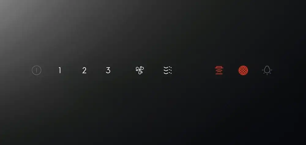 Panel sterowania z ikonami: włącznik, cyfry 1, 2, 3, symbol wentylatora, fale, dwie czerwone ikony i symbol żarówki.