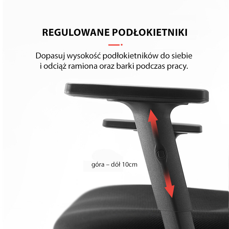 Obraz przedstawia regulowany podłokietnik fotela biurowego z zaznaczoną możliwością regulacji w zakresie 10 cm. Tekst na obrazie: \'REGULOWANE PODŁOKIETNIKI Dopasuj wysokość podłokietników do siebie i odciąż ramiona oraz barki podczas pracy. góra – dół 10cm\'.