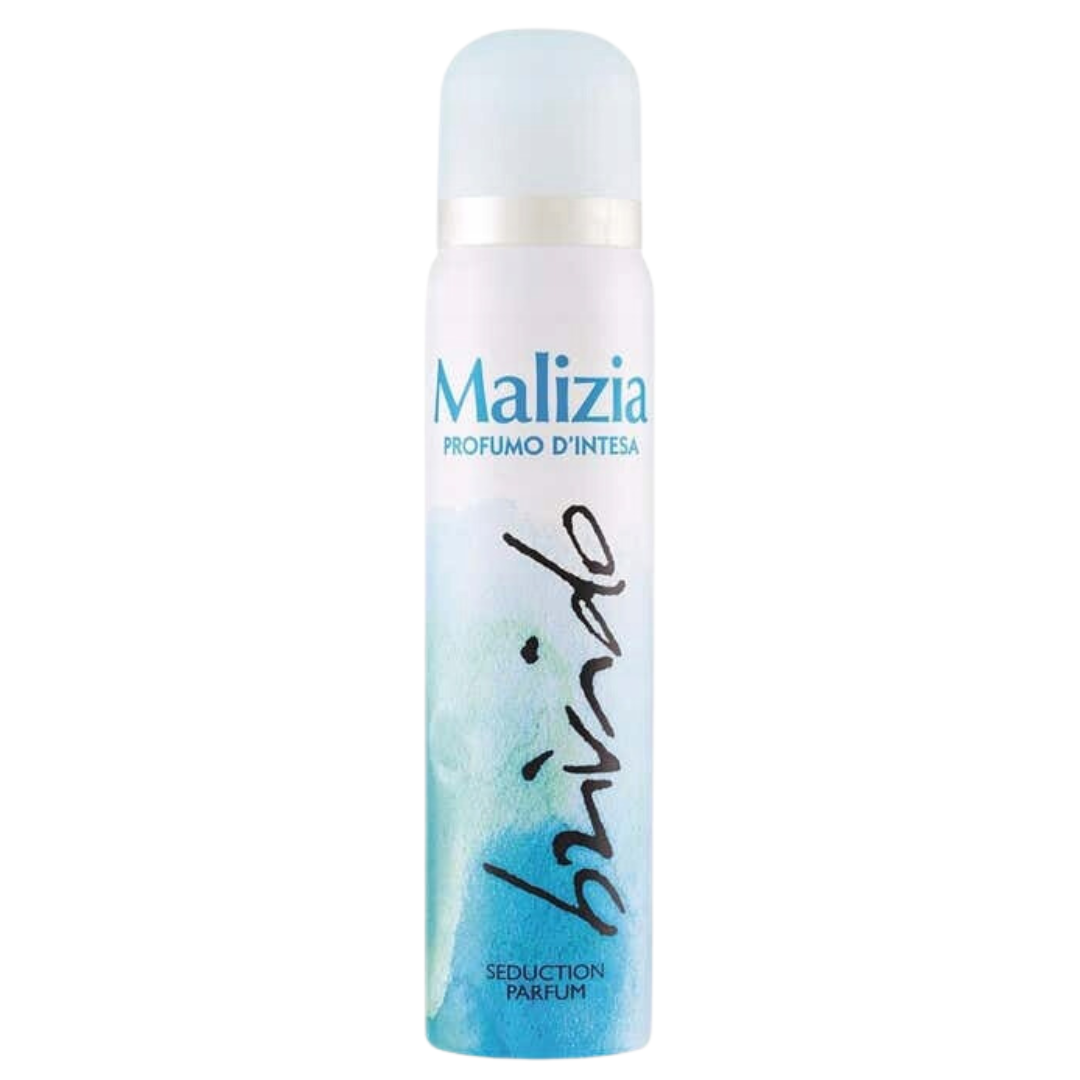 Na obrazie widoczny jest dezodorant w sprayu z napisem \'Malizia PROFUMO D\'INTESA brivido SEDUCTION PARFUM\'. Opakowanie ma gradientowe kolory od białego do niebieskiego.