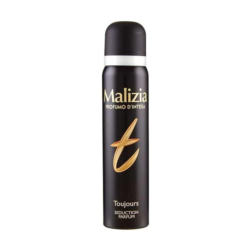Czarny spray z białą zakrętką, na którym widnieje napis \'Malizia PROFUMO D\'INTESA\'. Poniżej znajduje się złoty symbol \'t\' oraz napisy \'Toujours\' i \'SEDUCTION PARFUM\'.