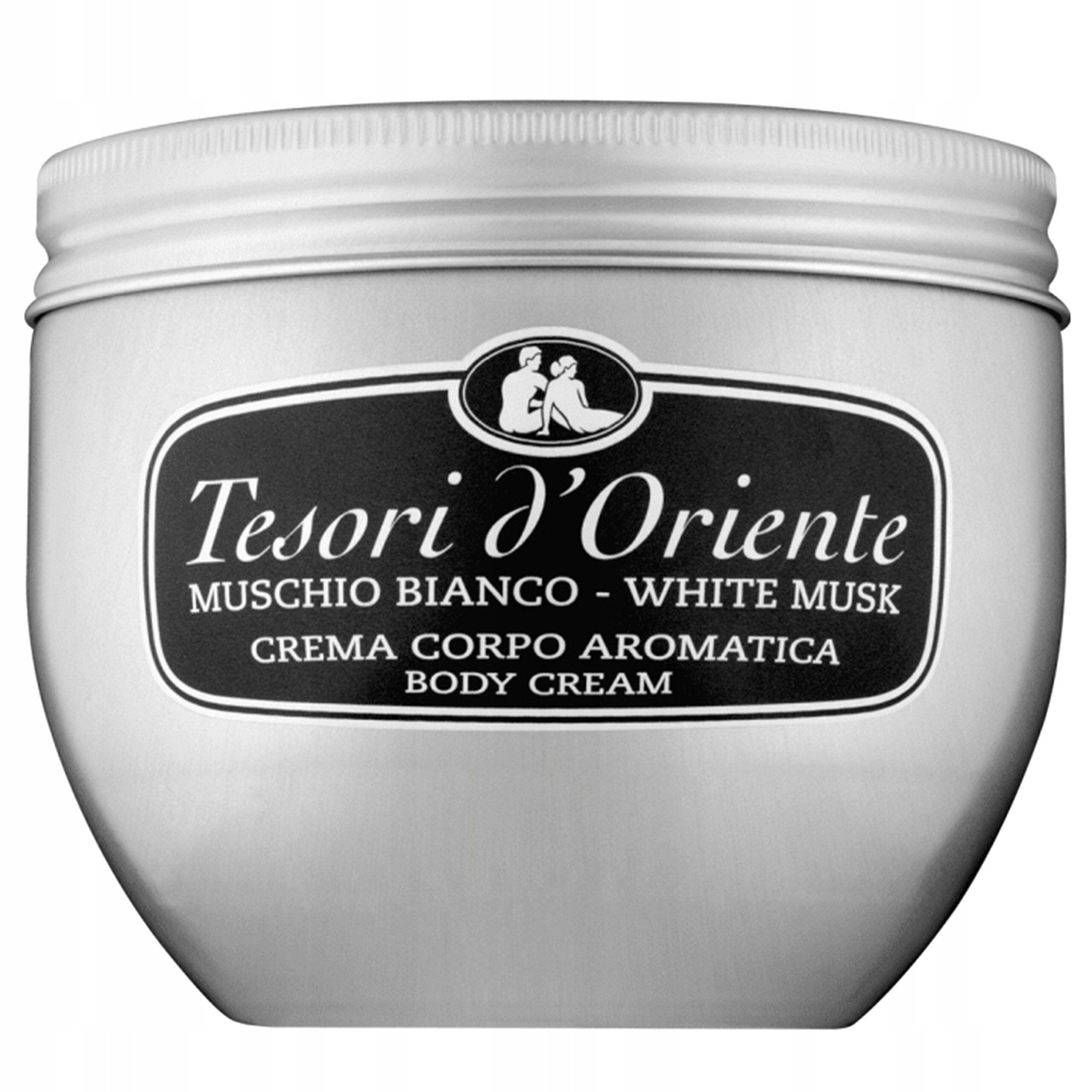 Srebrny pojemnik z czarną etykietą, na której widnieje napis: \'Tesori d\'Oriente MUSCHIO BIANCO - WHITE MUSK CREMA CORPO AROMATICA BODY CREAM\'.