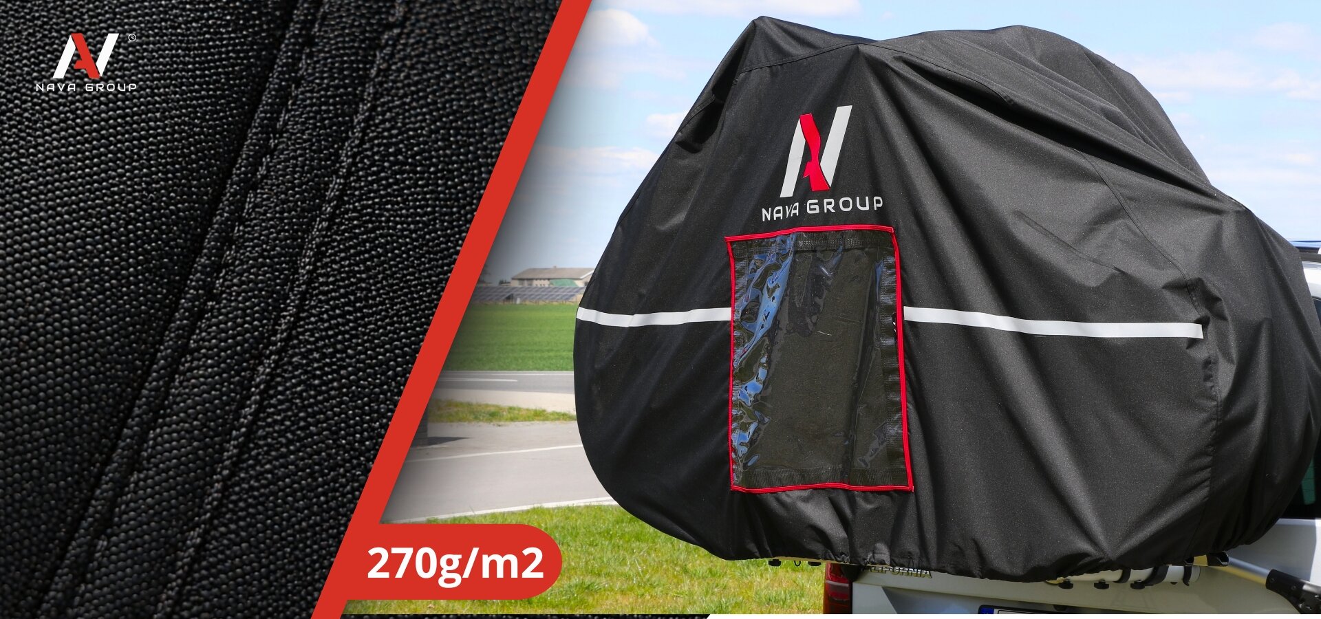 Czarny pokrowiec na rowery z logo \'Nava Group\' i przezroczystym okienkiem, zamontowany na bagażniku. Obok widoczny jest fragment materiału z napisem \'270g/m2\'.