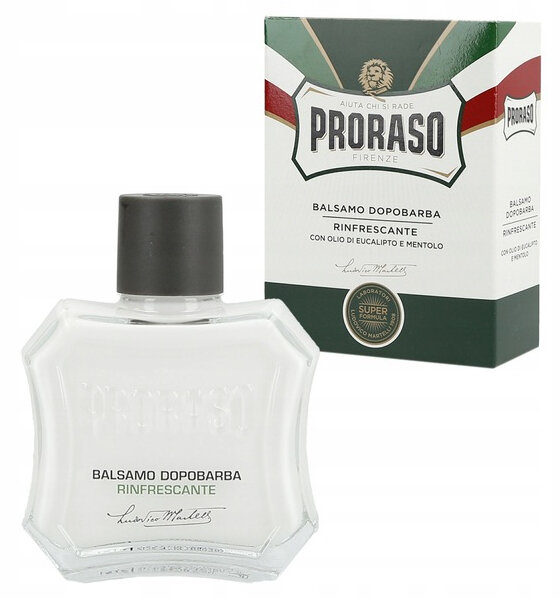 Na obrazie widoczna jest butelka balsamu po goleniu z napisem \'BALSAMO DOPOBARBA RINFRESCANTE\' oraz opakowanie z logo \'PRORASO\'.