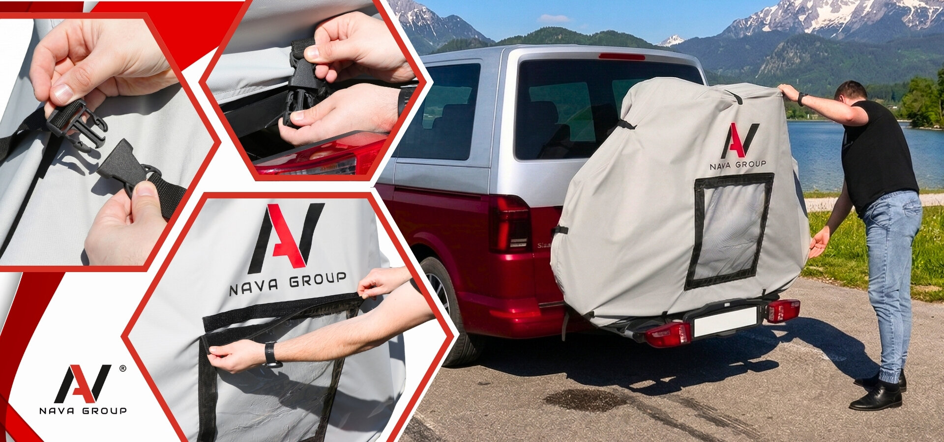 Na obrazie widać pokrowiec na rowery zamontowany na bagażniku samochodowym, z logo \'NAVA GROUP\'. Dodatkowe zdjęcia pokazują zbliżenia na zapięcia i materiał pokrowca.