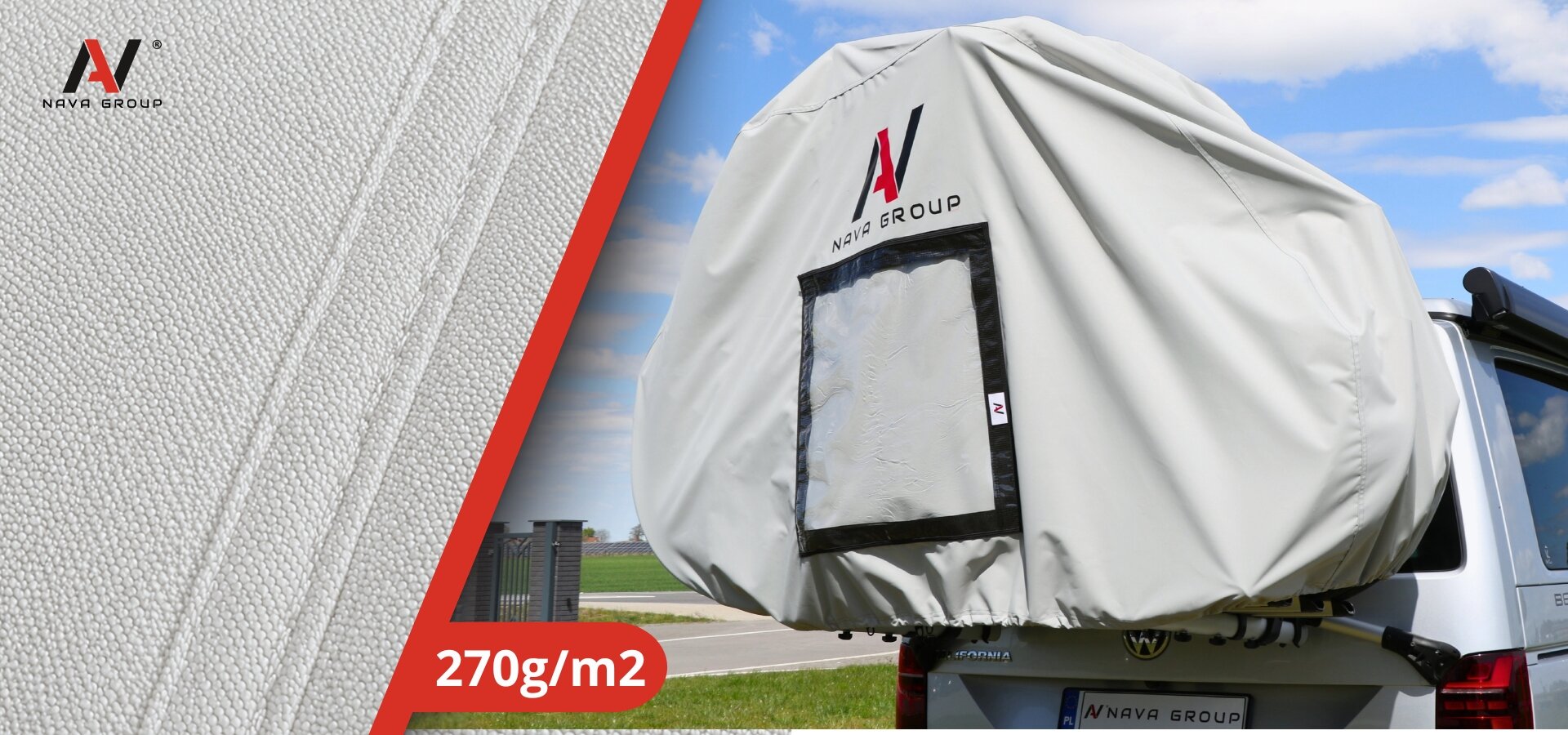 Pokrowiec na rowery zamontowany na tylnym bagażniku kampera, z widocznym logo \'Nava Group\'. Obok znajduje się tekstura materiału z napisem \'270g/m2\'.
