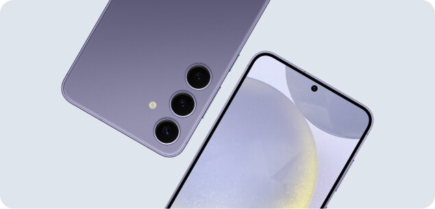 Na obrazie widoczny jest smartfon z trzema aparatami z tyłu i ekranem z okrągłym wycięciem na przednią kamerę. Obudowa telefonu jest w kolorze fioletowym.