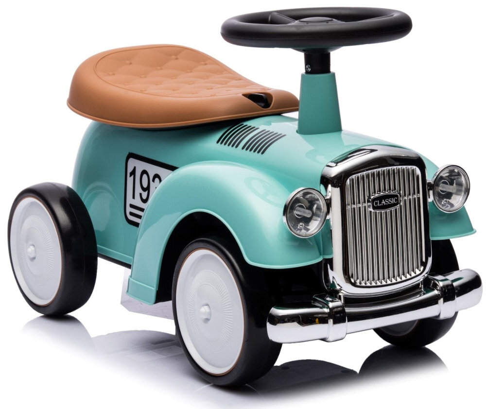 Jeździk w stylu retro w kolorze miętowym z brązowym siedzeniem i czarną kierownicą. Na przodzie widoczne jest logo \'CLASSIC\' oraz numer \'1938\' na boku.
