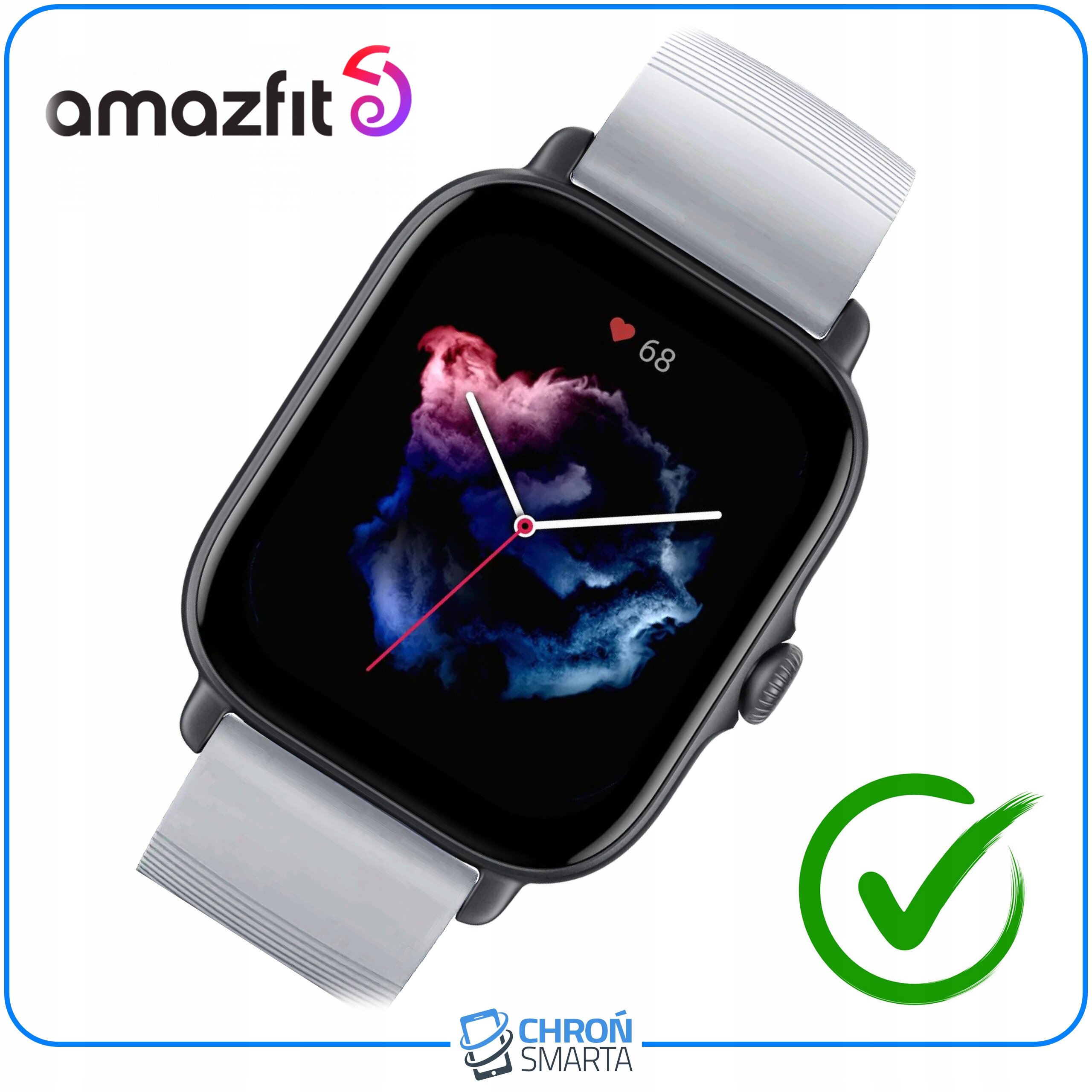 Obraz przedstawia smartwatch z jasnoróżowym paskiem i kolorowym wyświetlaczem, na którym widoczna jest grafika przypominająca chmurę oraz wskaźnik tętna z liczbą 68. W lewym górnym rogu znajduje się logo \'amazfit\', a na dole logo \'CHROŃ SMARTA\' z zielonym znakiem wyboru obok.